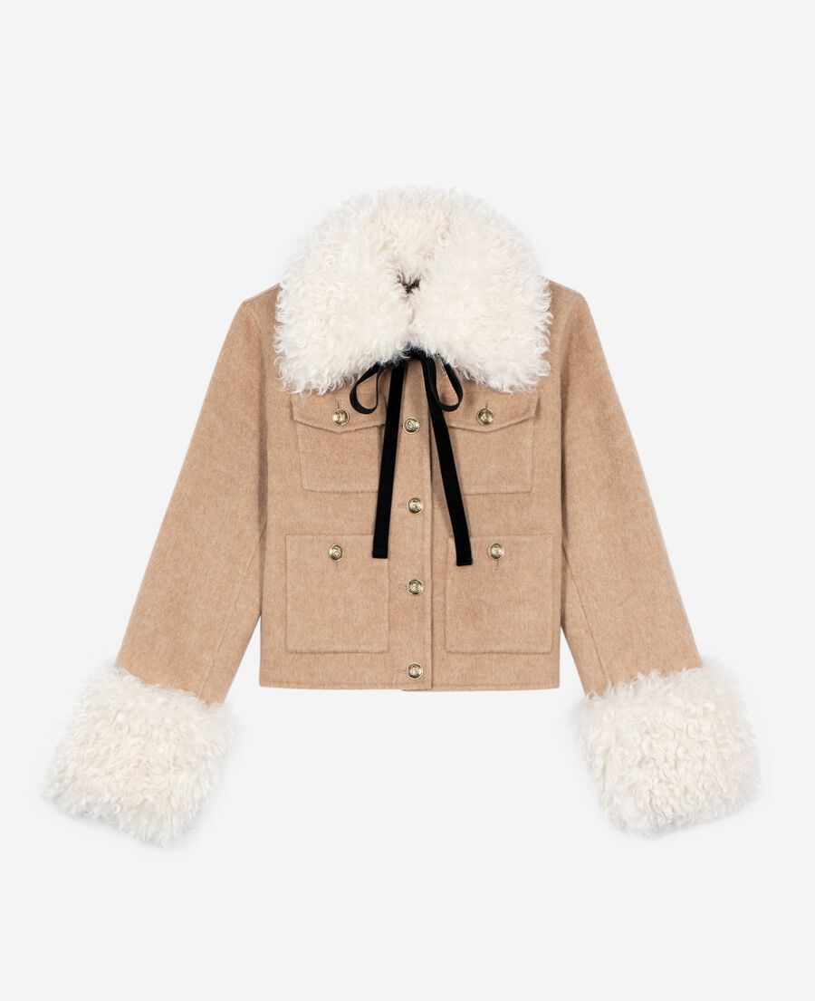 The Kooples WOMEN BEIGE LINEN beige sherpa collar jacket