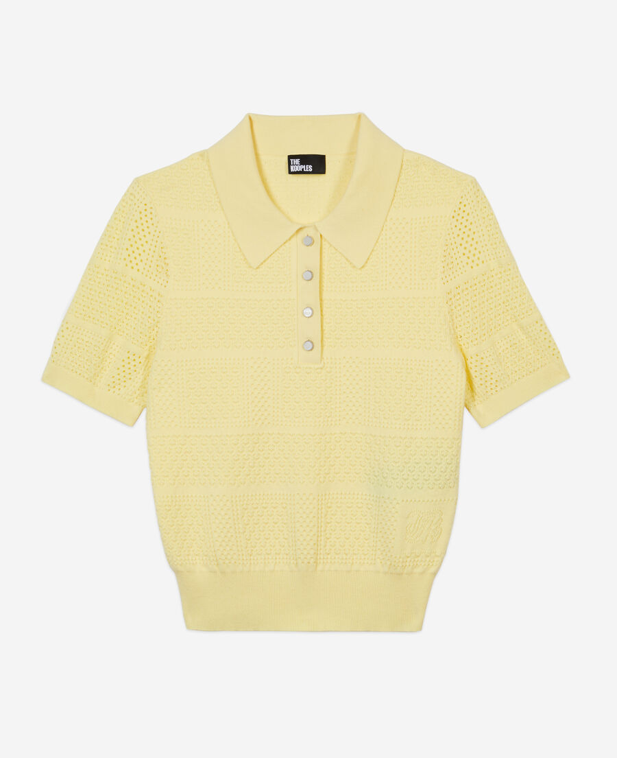 light yellow openwork knit polo t-shirt