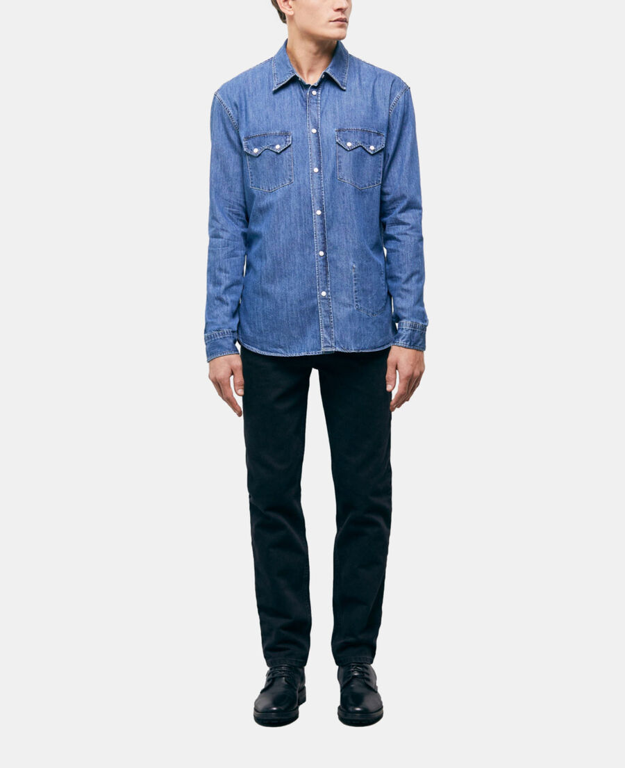 chemise col classique en jean bleue