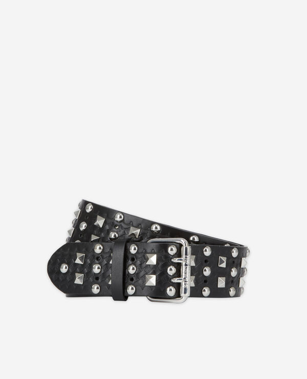 black patterned leather belt