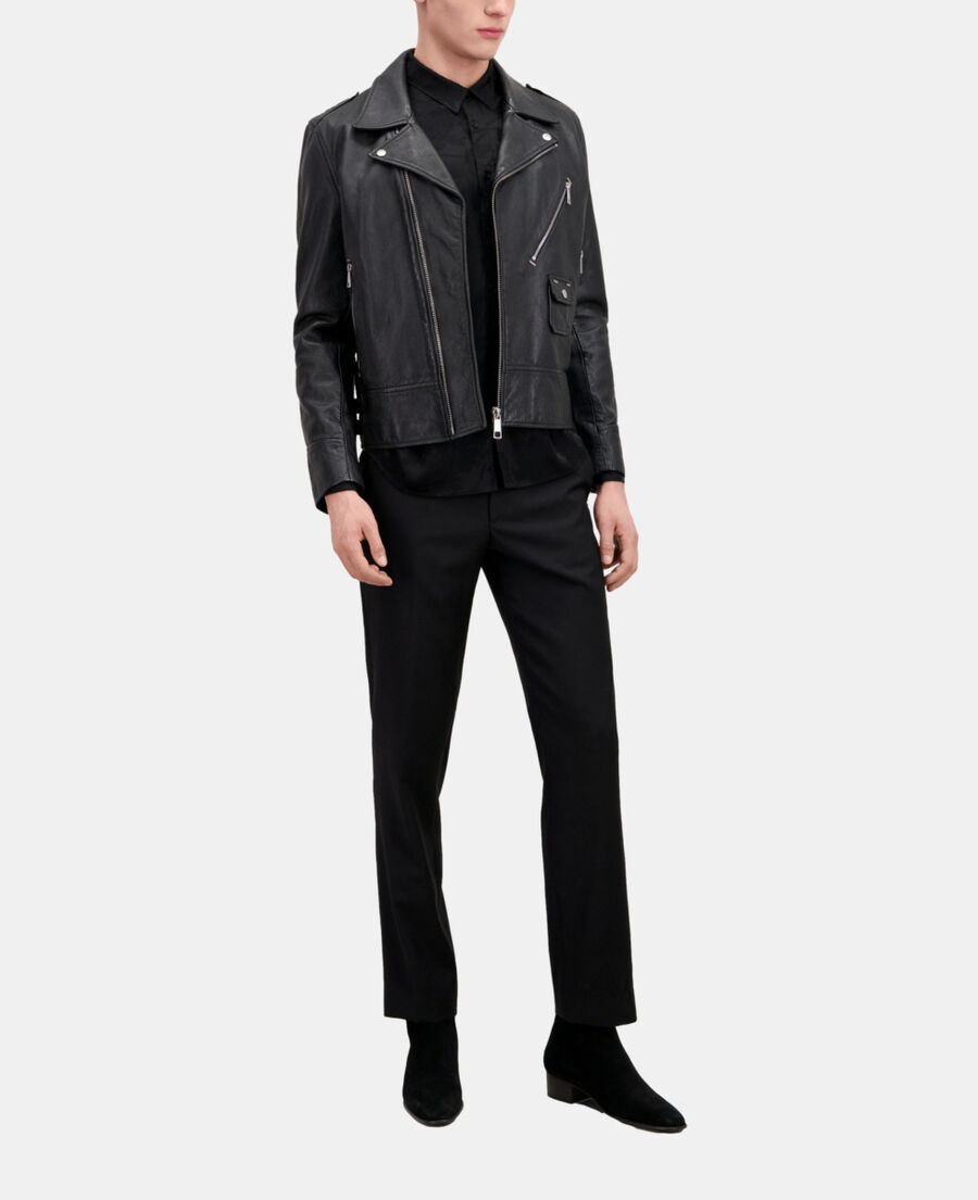 blouson biker en cuir noir