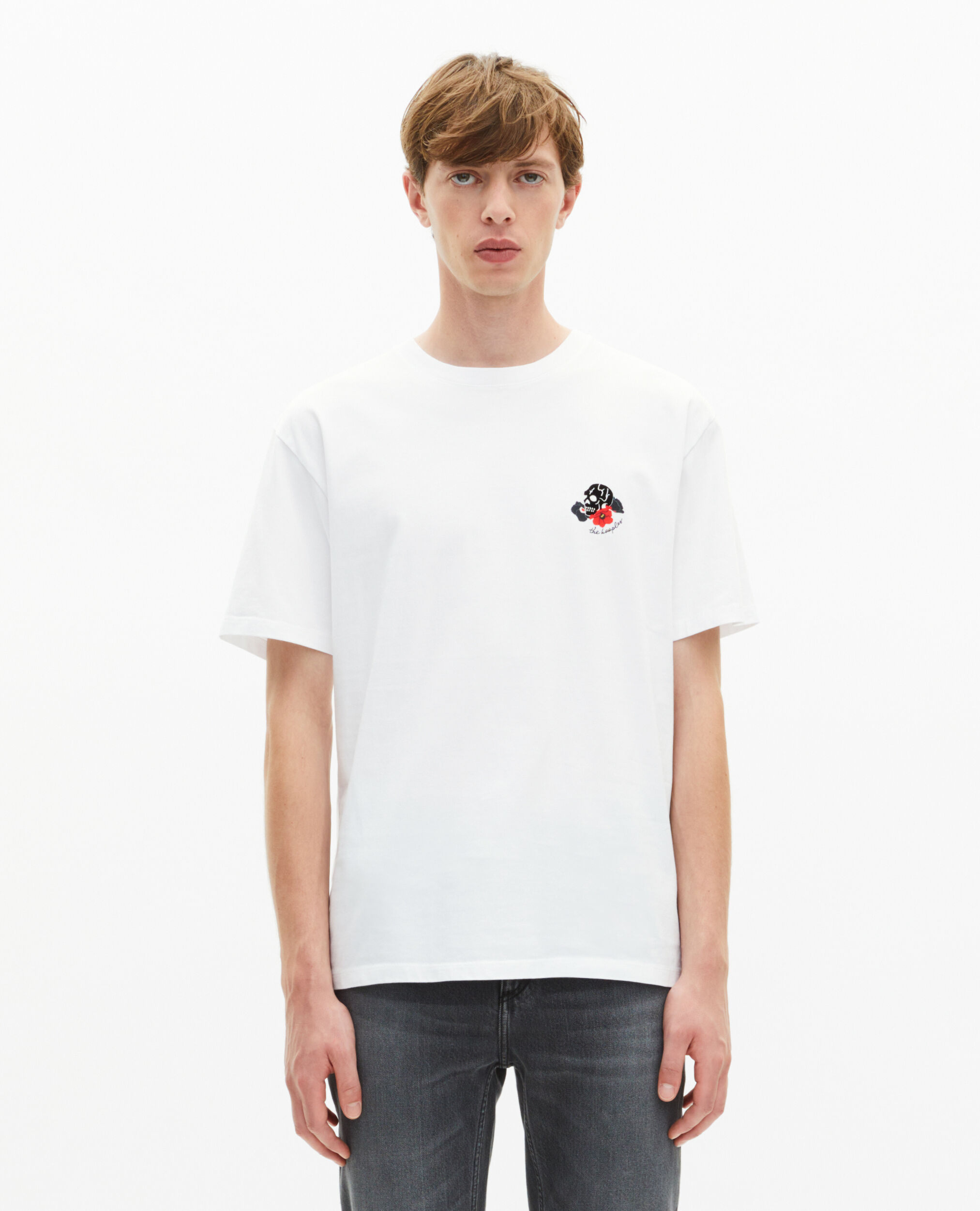 T-Shirt mit weißer Totenkopfbeflockung, WHITE, hi-res image number null