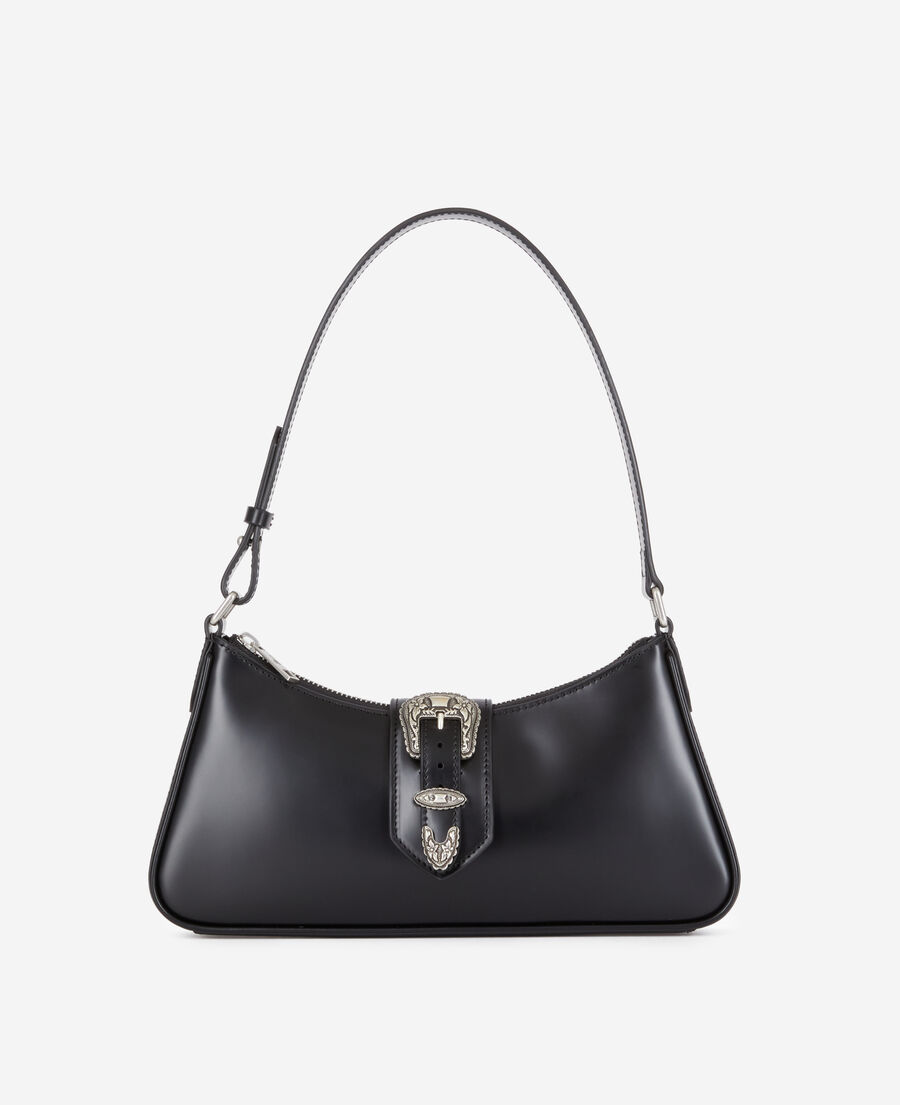 Black Joe glazed leather baguette bag with Western buckle