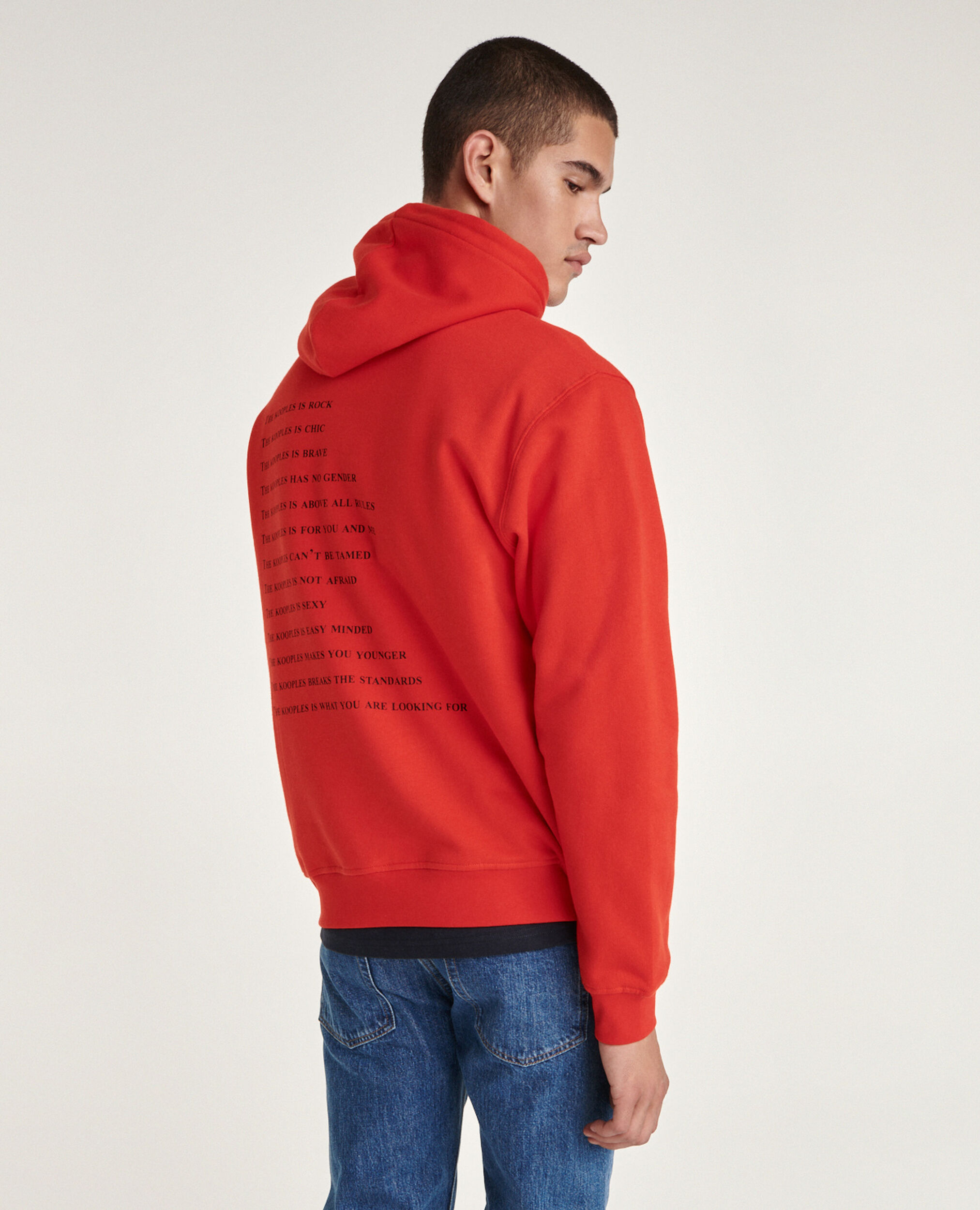 Red sweatshirt with screen print what is, RED, hi-res image number null