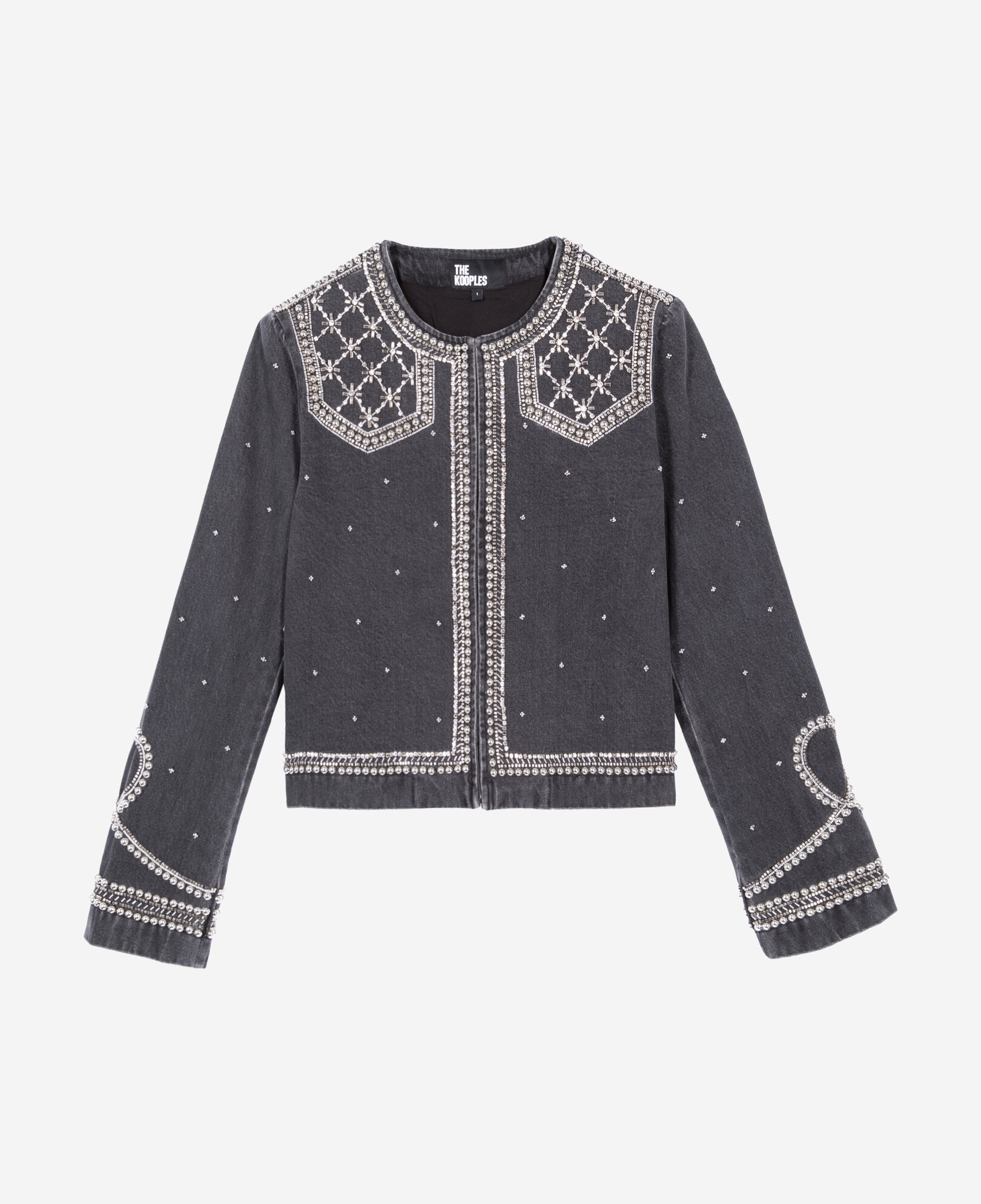 The Kooples WOMEN BLACK WASHED grey denim jacket with studs and pearls