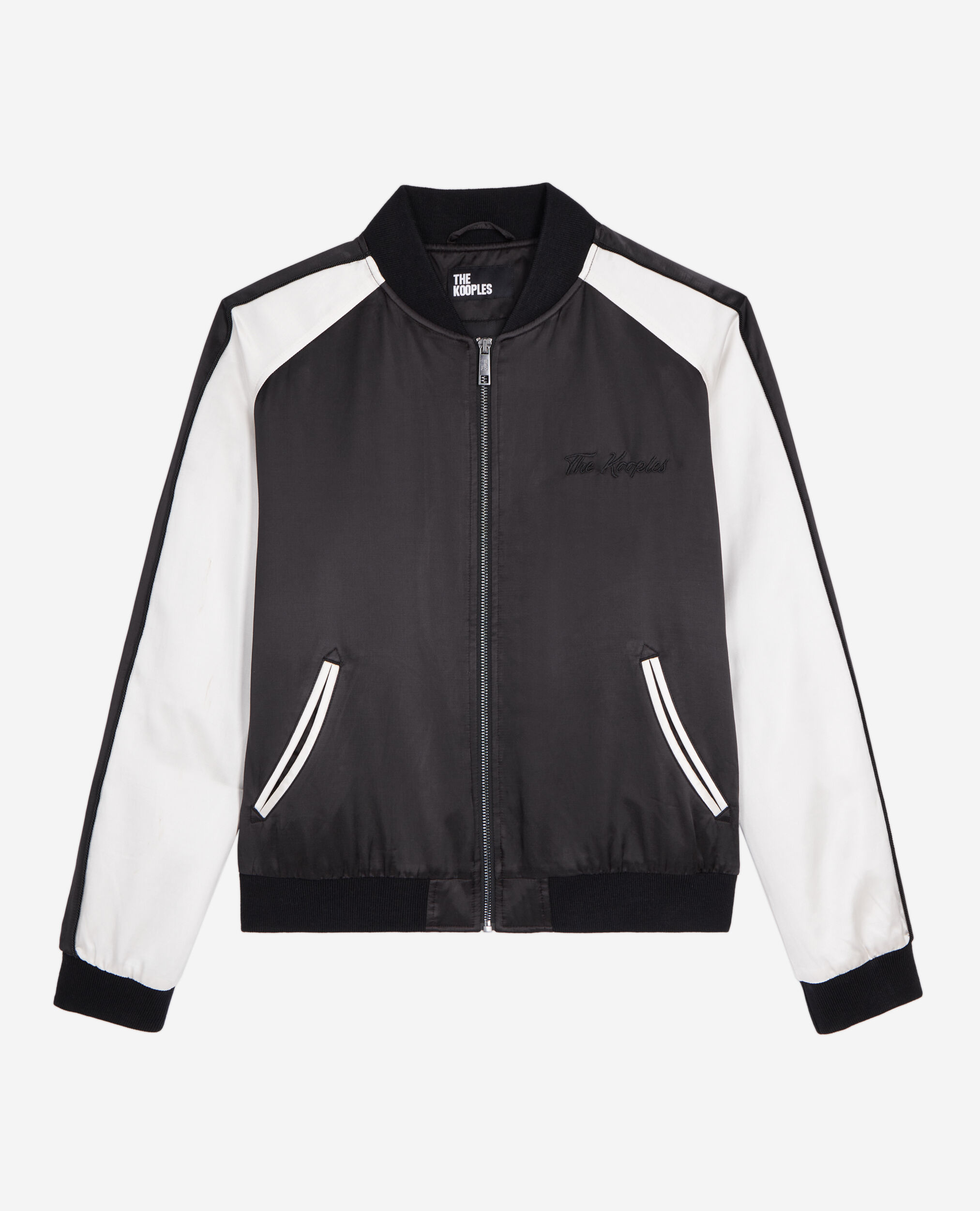 Satinierte, schwarz-weiße Jacke mit Stickerei, BLACK, hi-res image number null