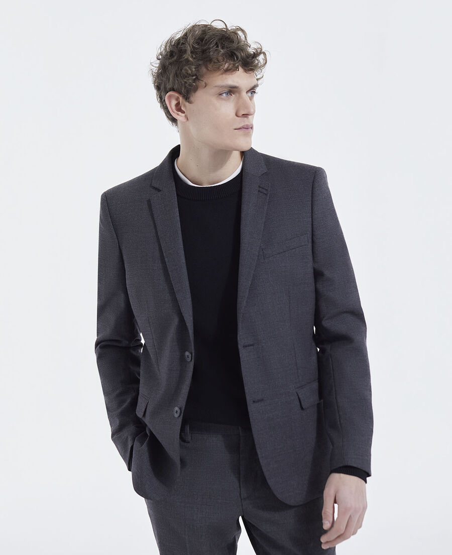black and gray jacket with micro check motif