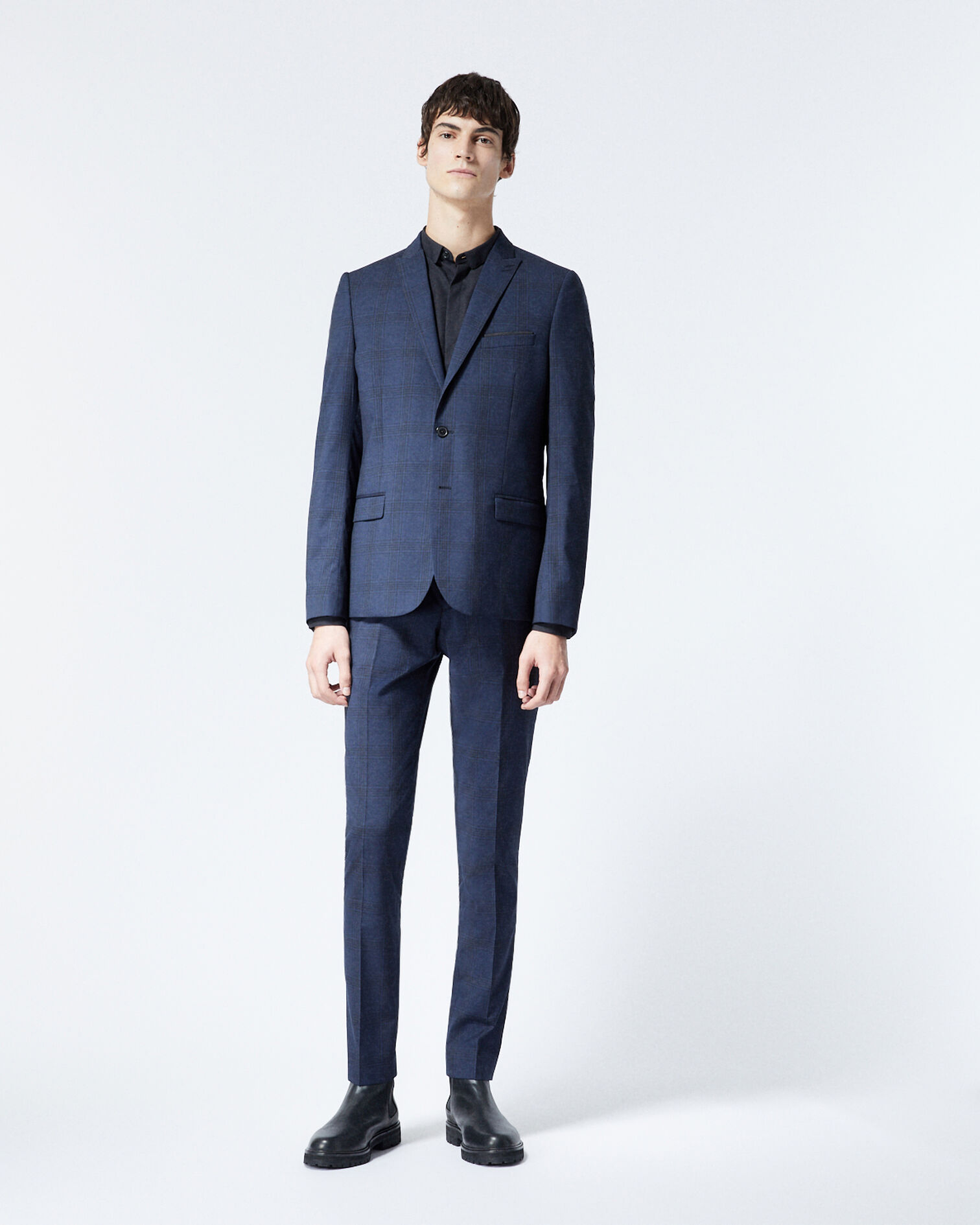 Navy blue wool jacket with check motif, NAVY, hi-res image number null