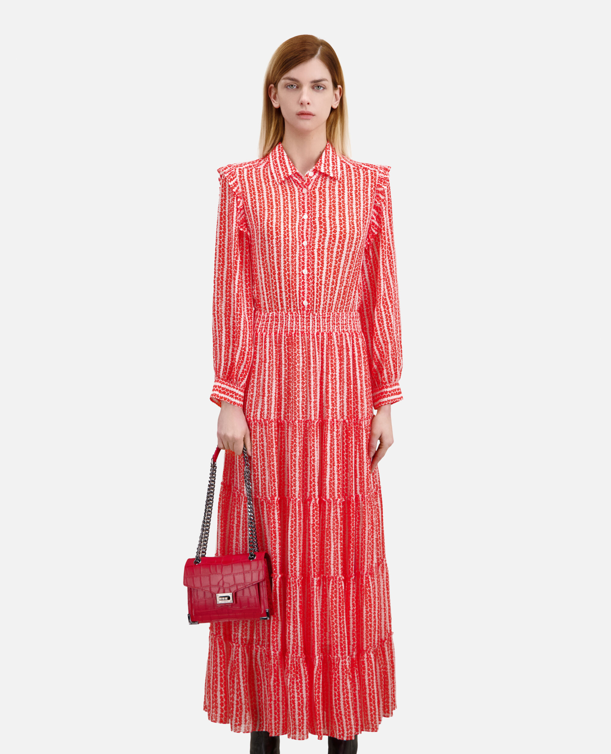 Langes Kleid mit Rüschen und Print, RED WHITE, hi-res image number null