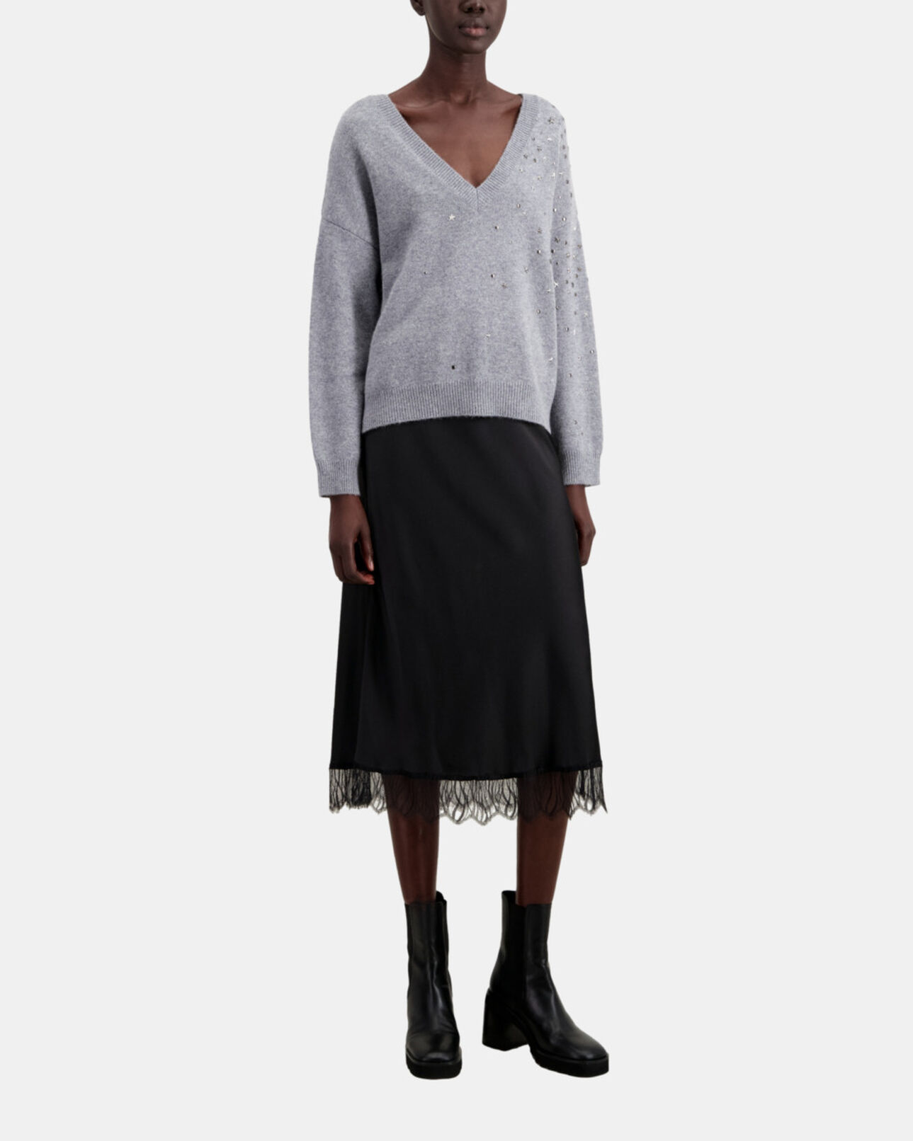 The Kooples FEMME MIDDLE GREY MEL pull gris en mélange de cachemire avec étoiles