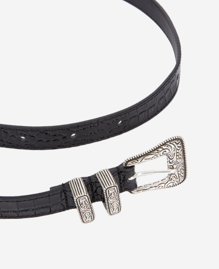 black crocodile effect leather belt with western buckle