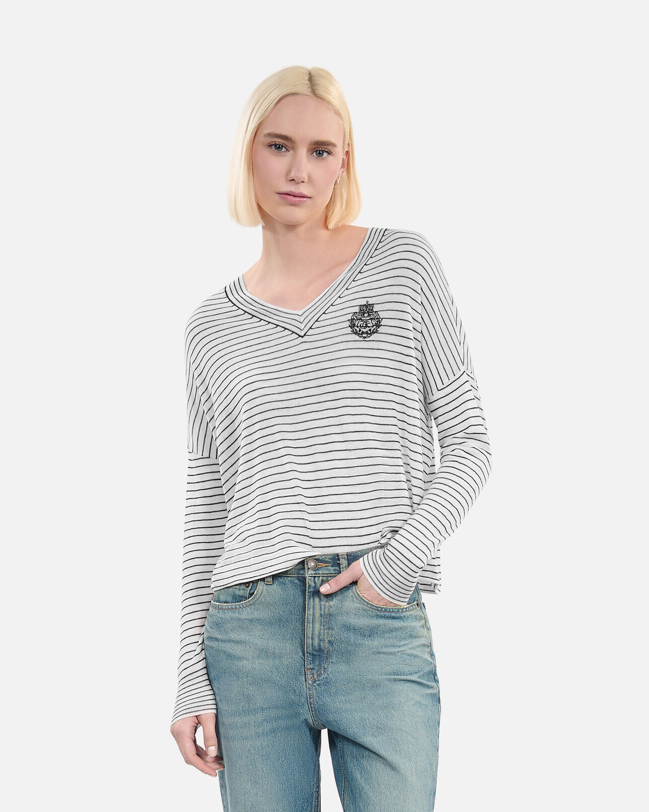 The Kooples F WHITE / BLUE blazon wool and cashmere striped sweater