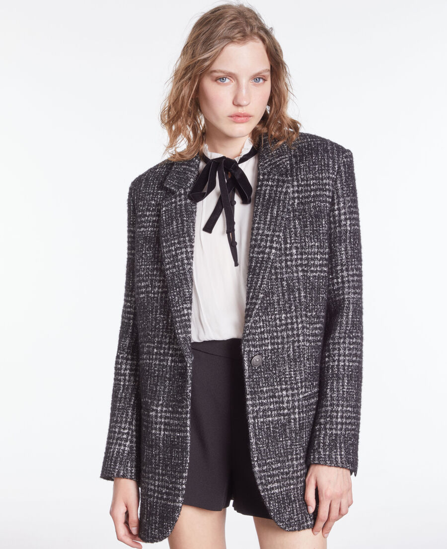 black and white tweed blazer