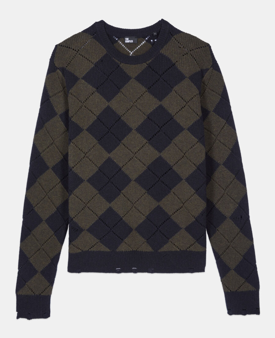 The Kooples H GREEN NAVY black and khaki diamond sweater