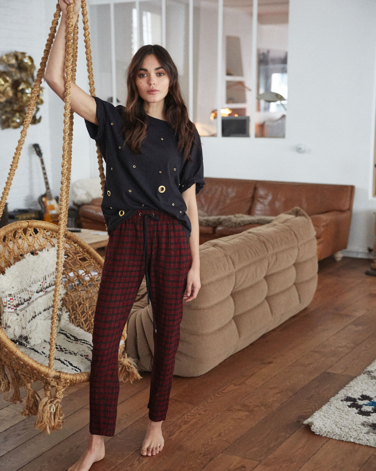 The Kooples FEMME BLACK - BURGUNDY pantalon carreaux noirs et bordeaux