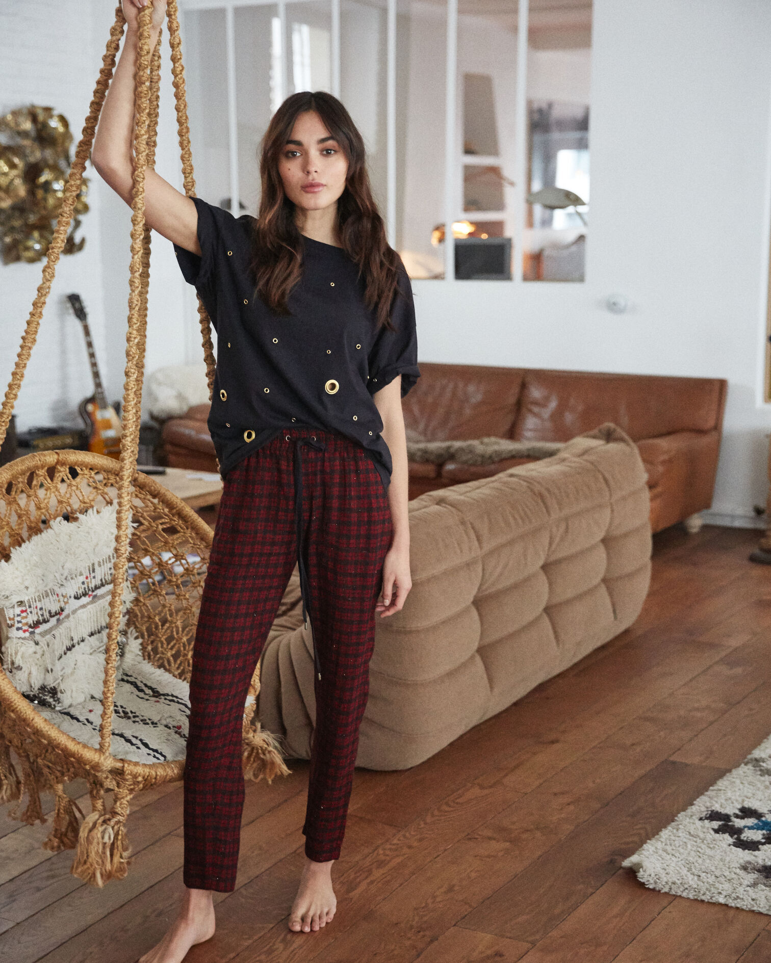 Pantalon carreaux noirs et bordeaux, BLACK - BURGUNDY, hi-res image number null