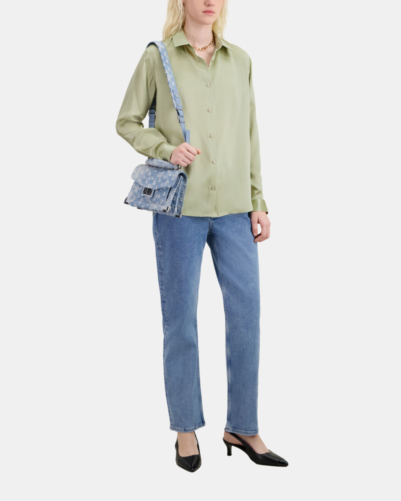 The Kooples WOMEN KAKI GREY light green satin silk shirt