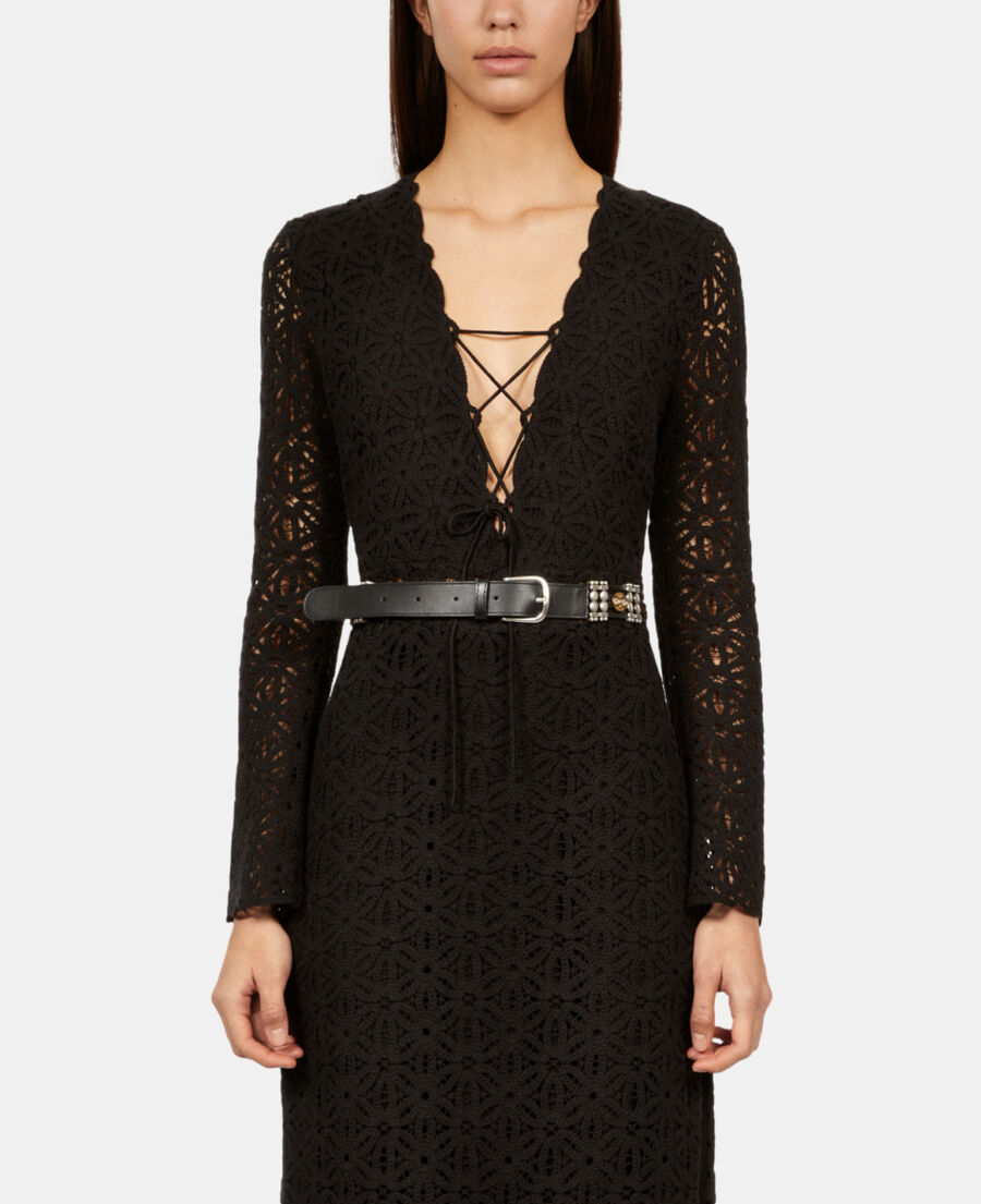 The Kooples FEMME BLACK ceinture fine en cuir noir avec ornements