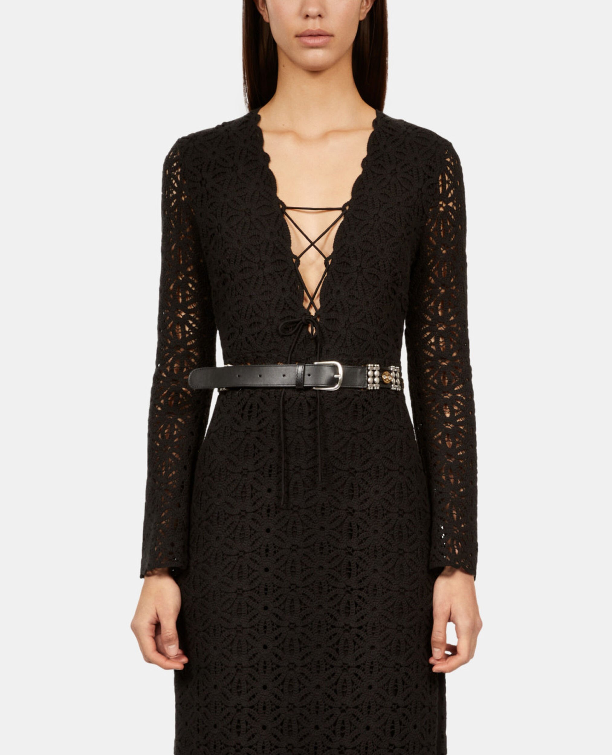 Ceinture fine en cuir noir avec ornements, BLACK, hi-res image number null