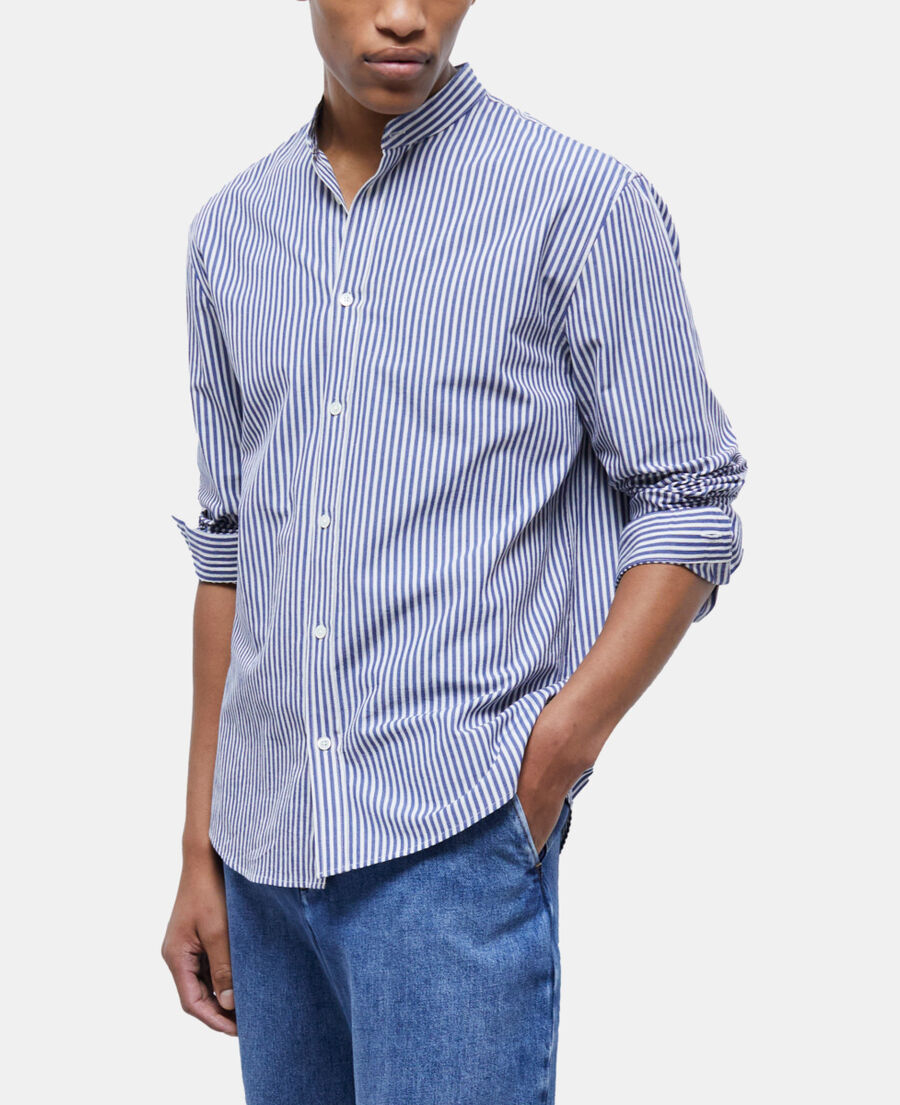 blue-striped shirt with officer collar