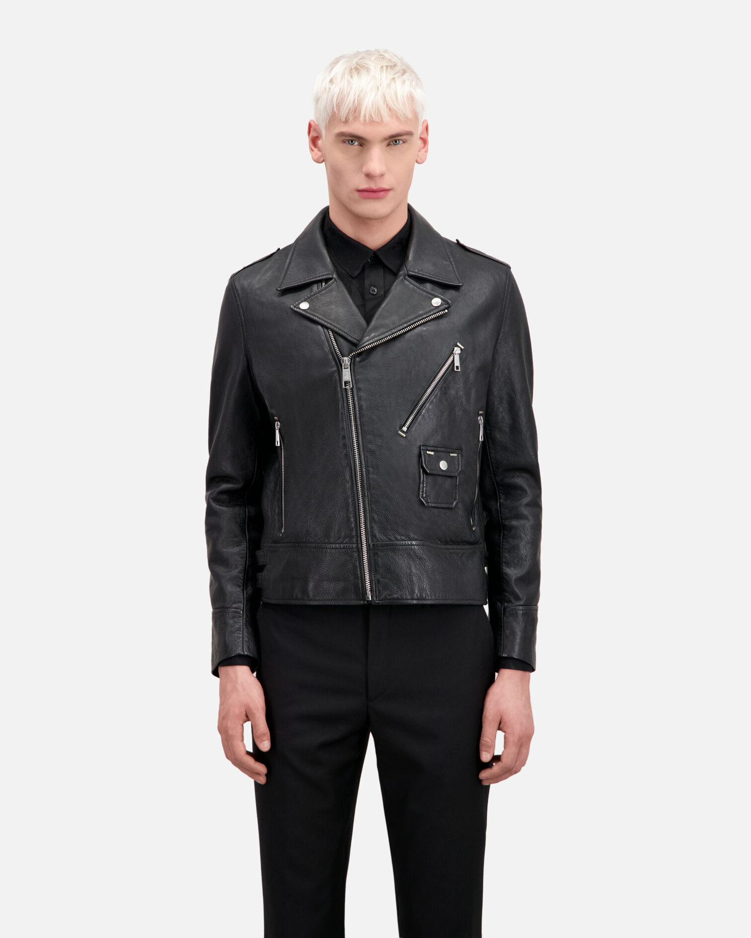 Blouson biker avec studs en cuir noir, BLACK, hi-res image number null