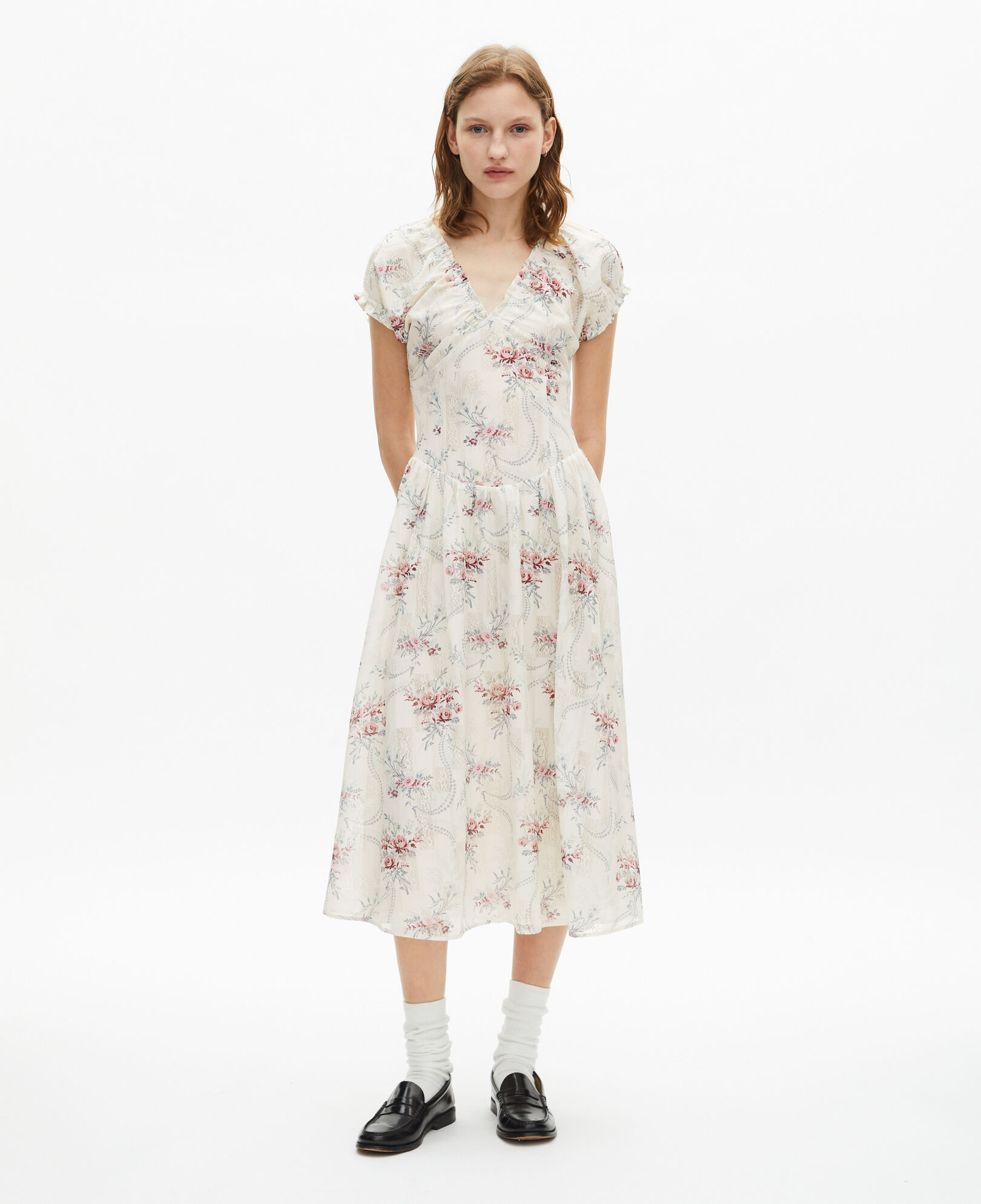 The Kooples WOMEN OFF WHITE / PINK long white 'antik flowers' print dress