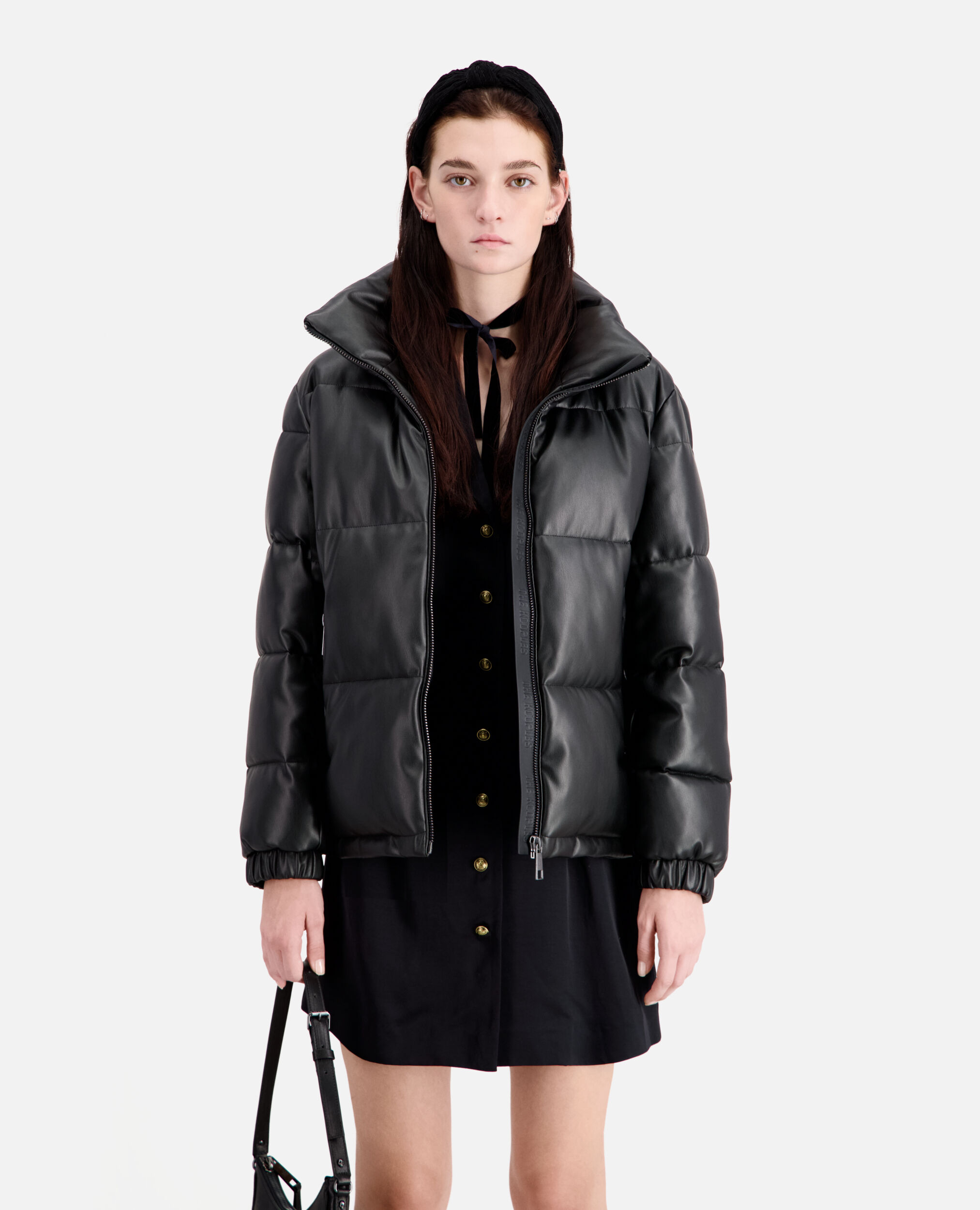 Black faux leather puffer jacket, BLACK, hi-res image number null