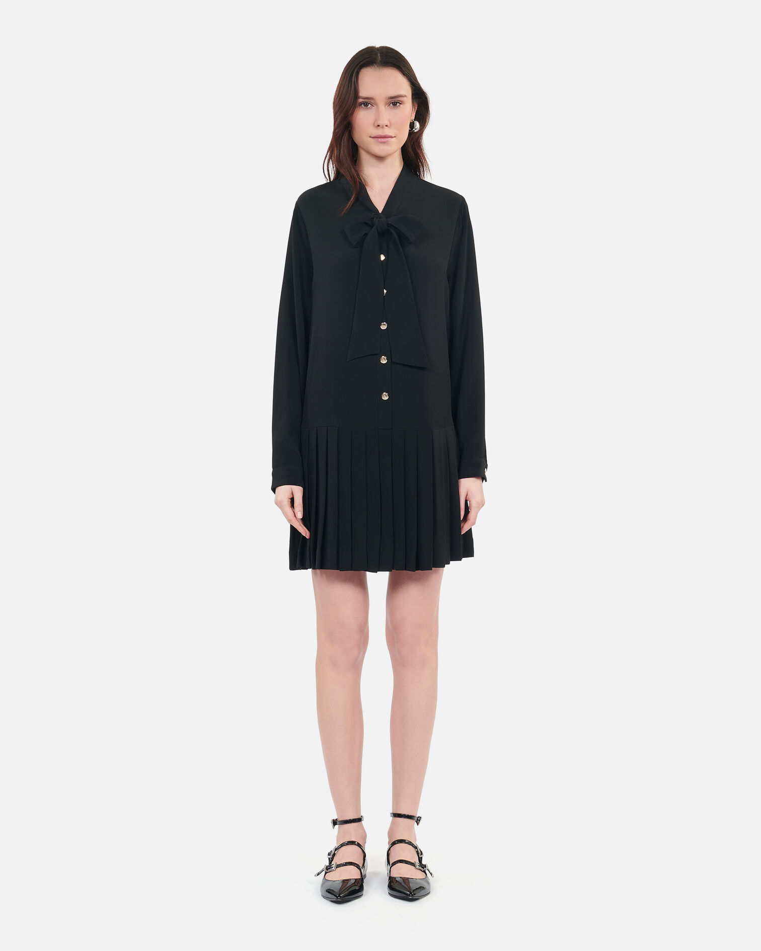 Short black dress with pleating, BLACK, hi-res image number null