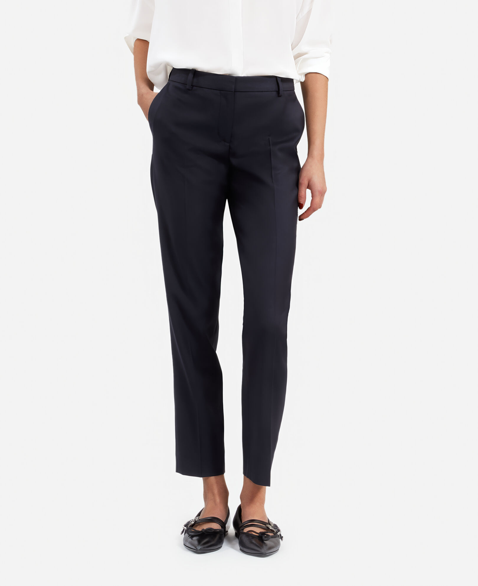 The Kooples WOMEN NAVY navy blue wool tailored trousers with a slim fit