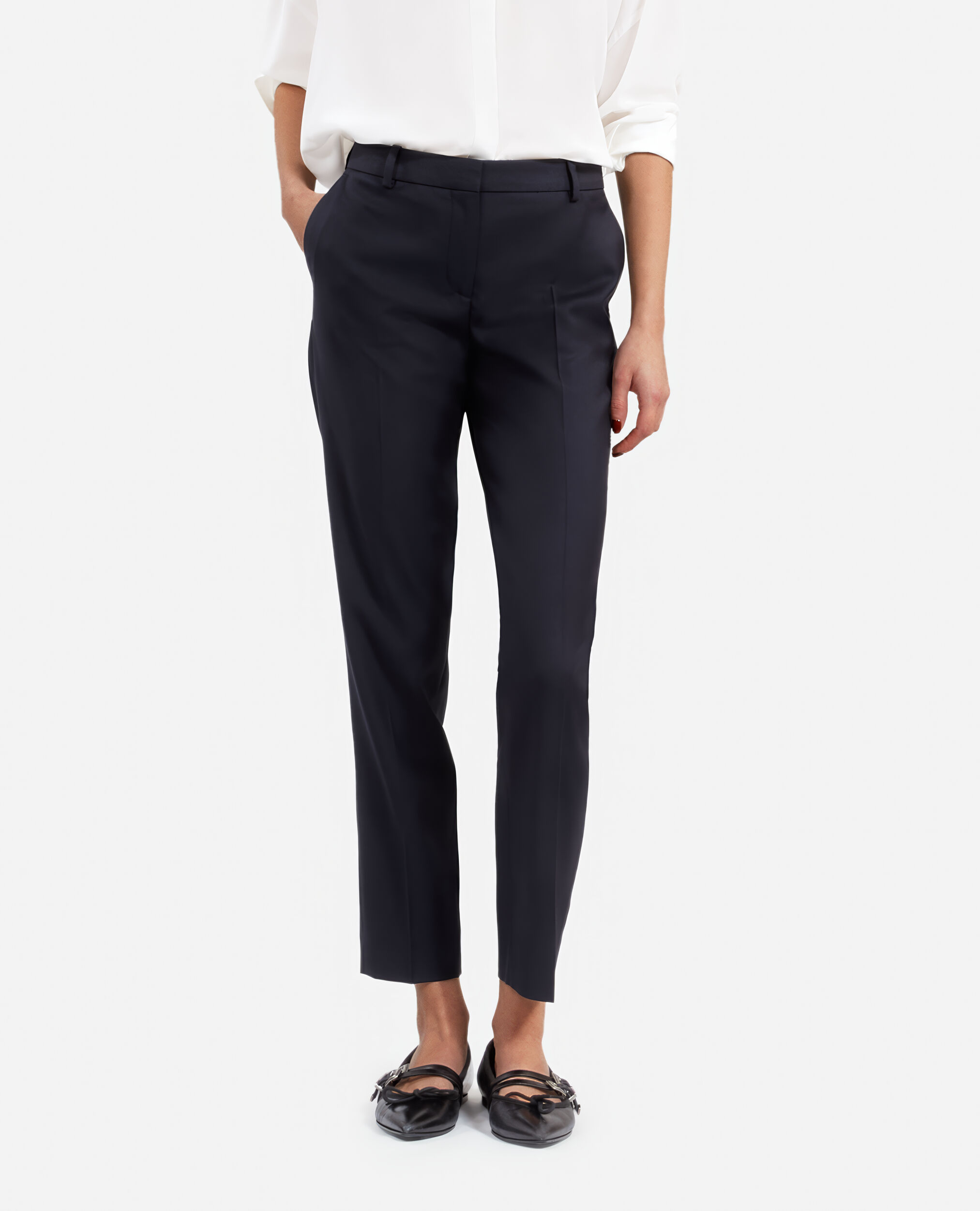 Navy blue wool tailored trousers with a slim fit, NAVY, hi-res image number null