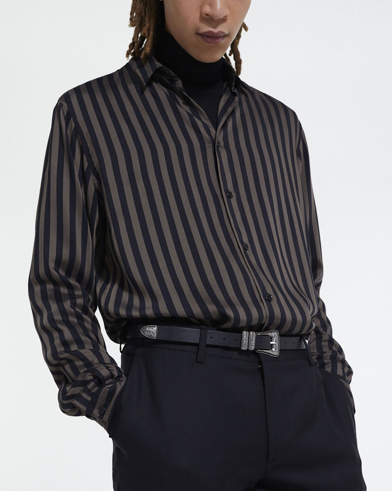 The Kooples MEN BLACK BEIGE striped shirt with classic collar
