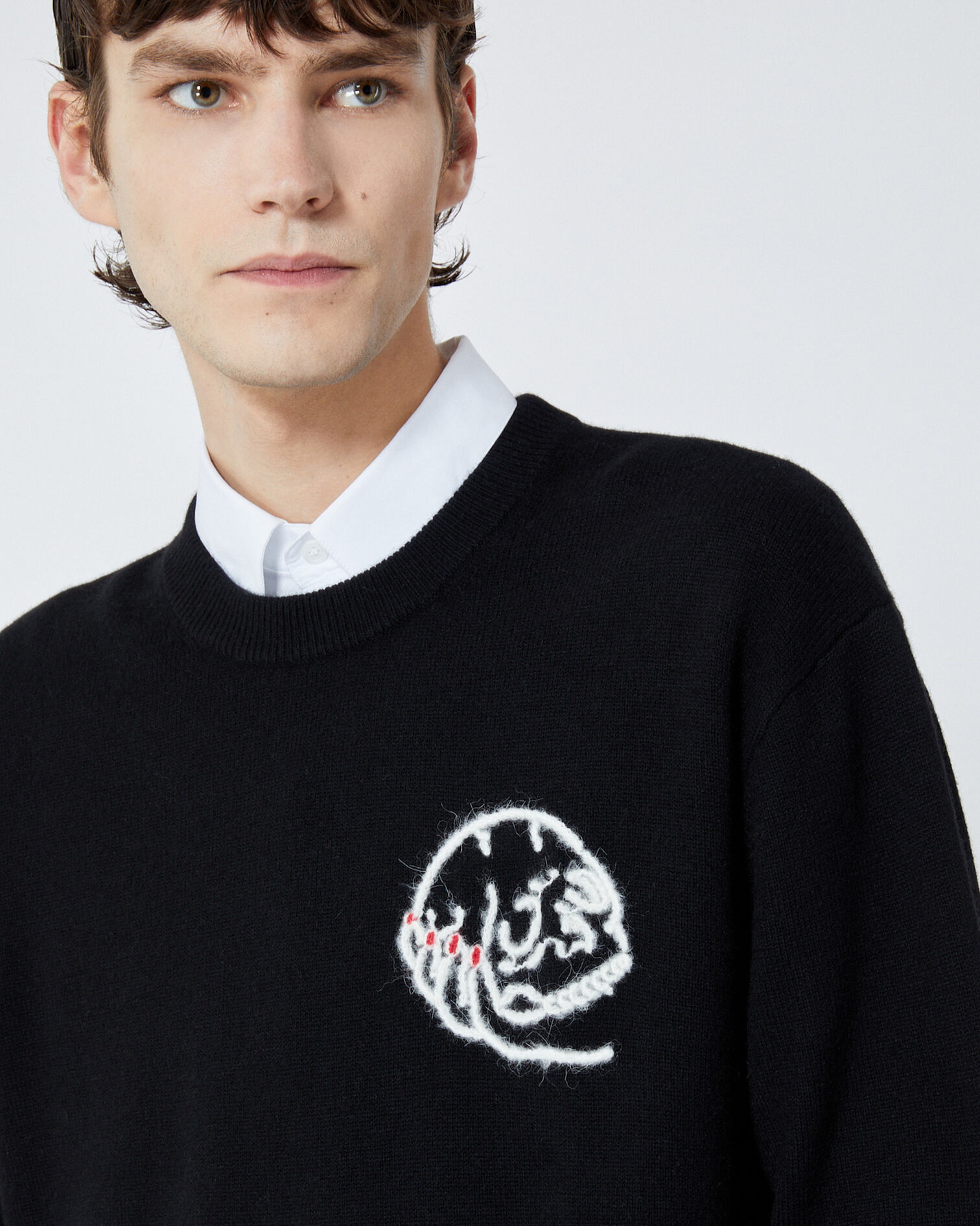 Black sweater in wool with skull embroidery, BLACK, hi-res image number null