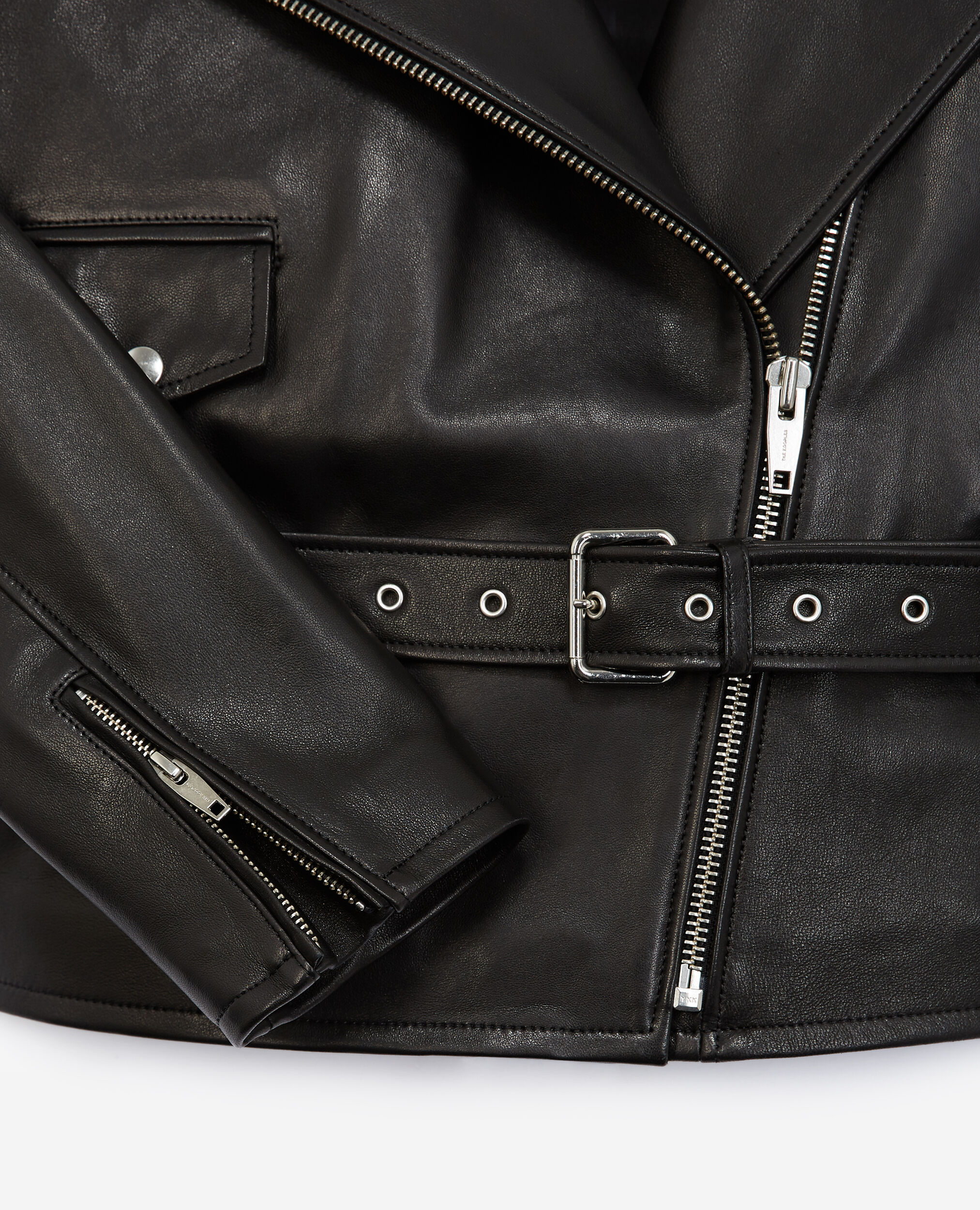 Belted biker-style black leather jacket, BLACK, hi-res image number null
