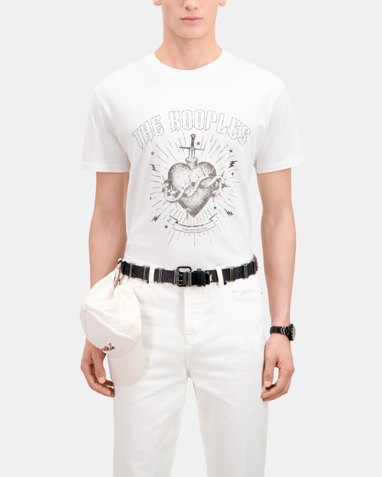 The Kooples MEN WHITE men's white t-shirt with dagger through heart serigraphy