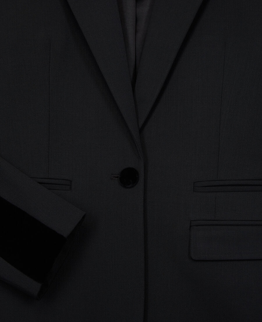 black suit jacket with velvet trims