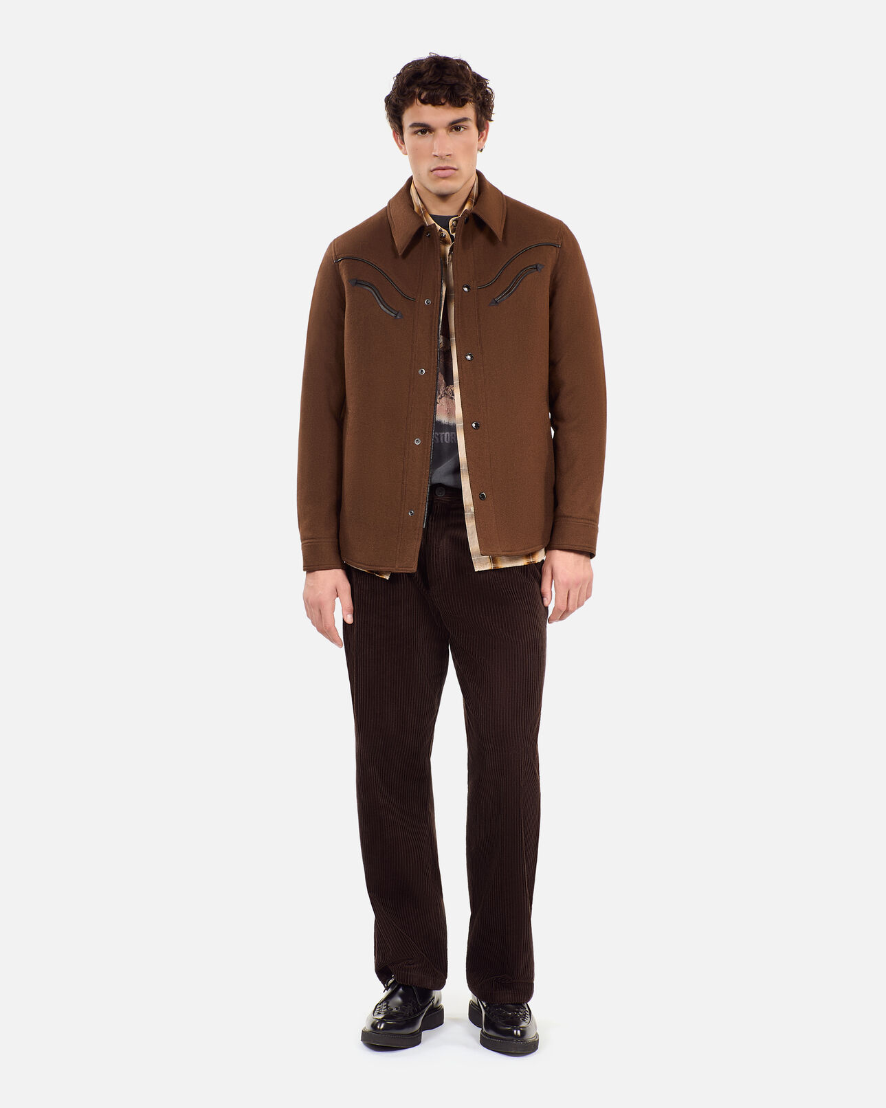 The Kooples MEN BROWN brown flannel overshirt-style jacket