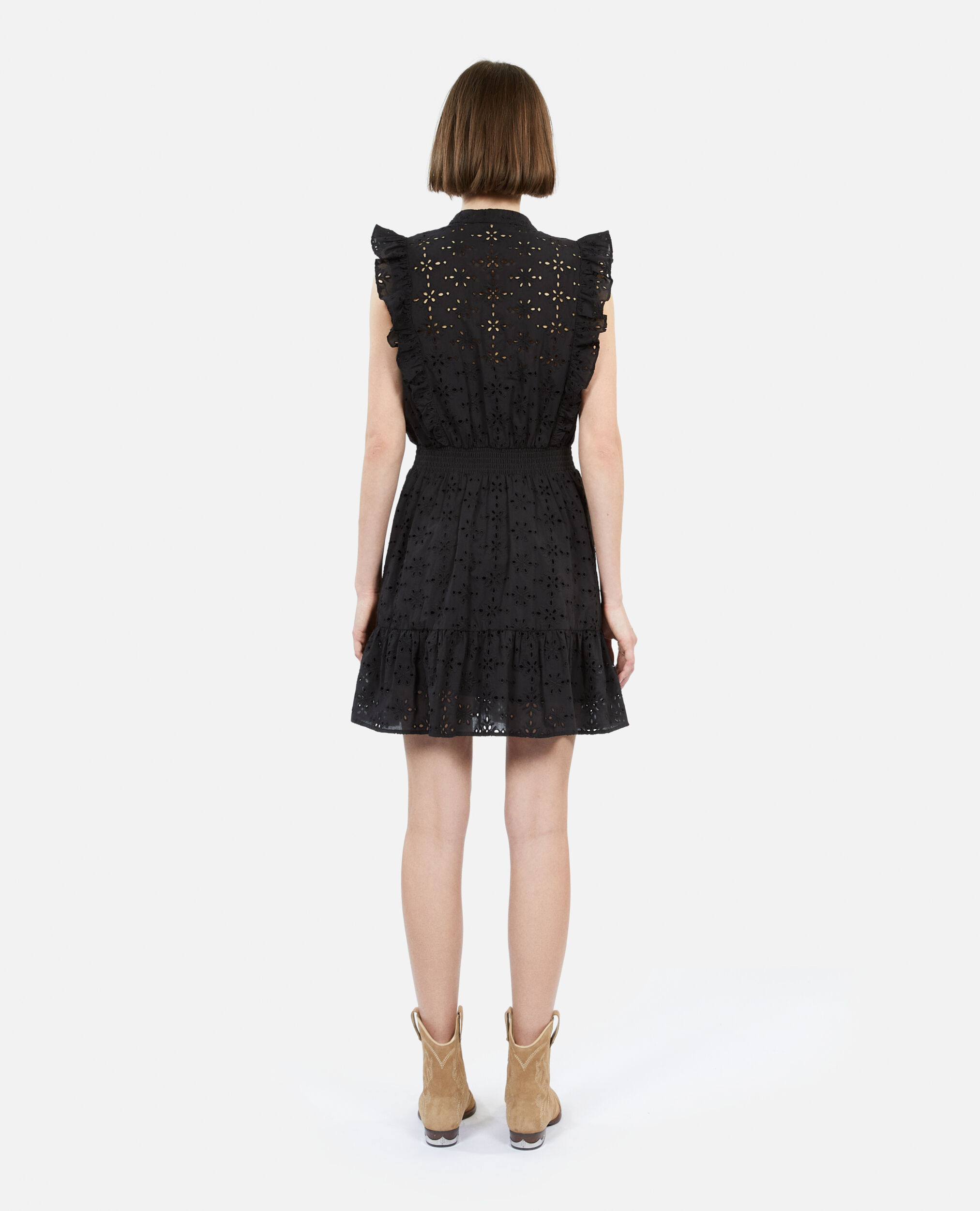 Short black dress in English embroidery, BLACK, hi-res image number null