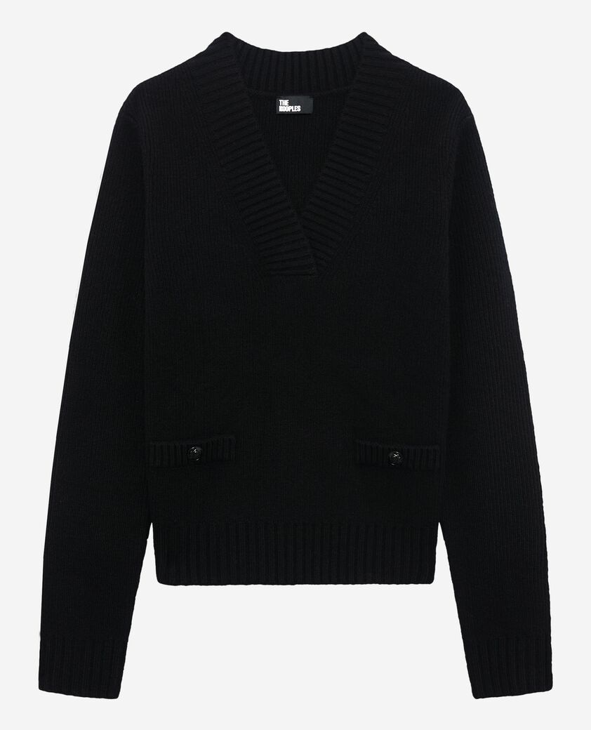 The Kooples FEMME BLACK pull col v en laine mérinos noir