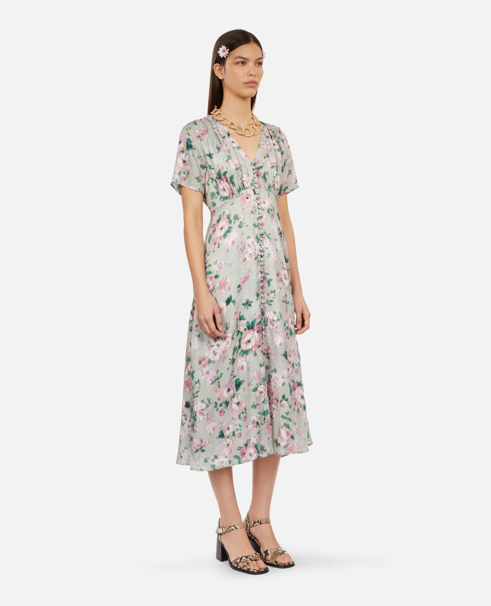 Langes Kleid mit Print und Knopfverschluss, GREEN MULTICO, hi-res image number null