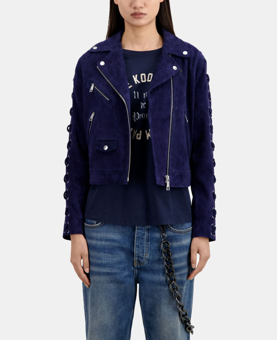 The Kooples DAMEN DARK BLUE marineblaue bikerjacke aus veloursleder