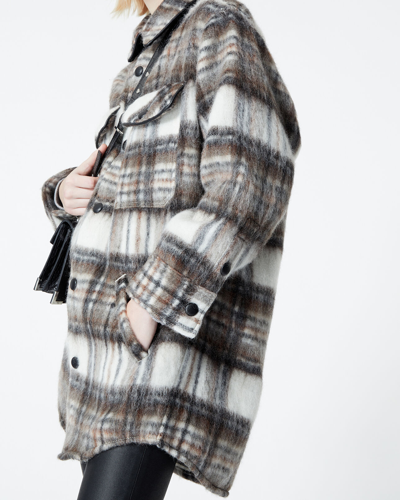 The Kooples WOMEN BROWN/WHITE oversized wool blend check shirt jacket with leather details