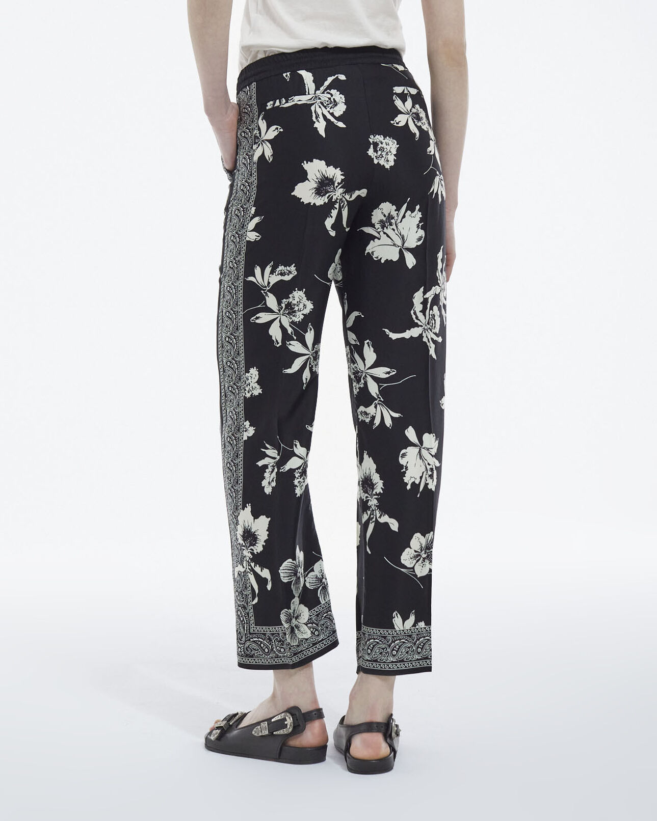 The Kooples WOMEN BLACK WHITE flowing black - white pants with scarf motif