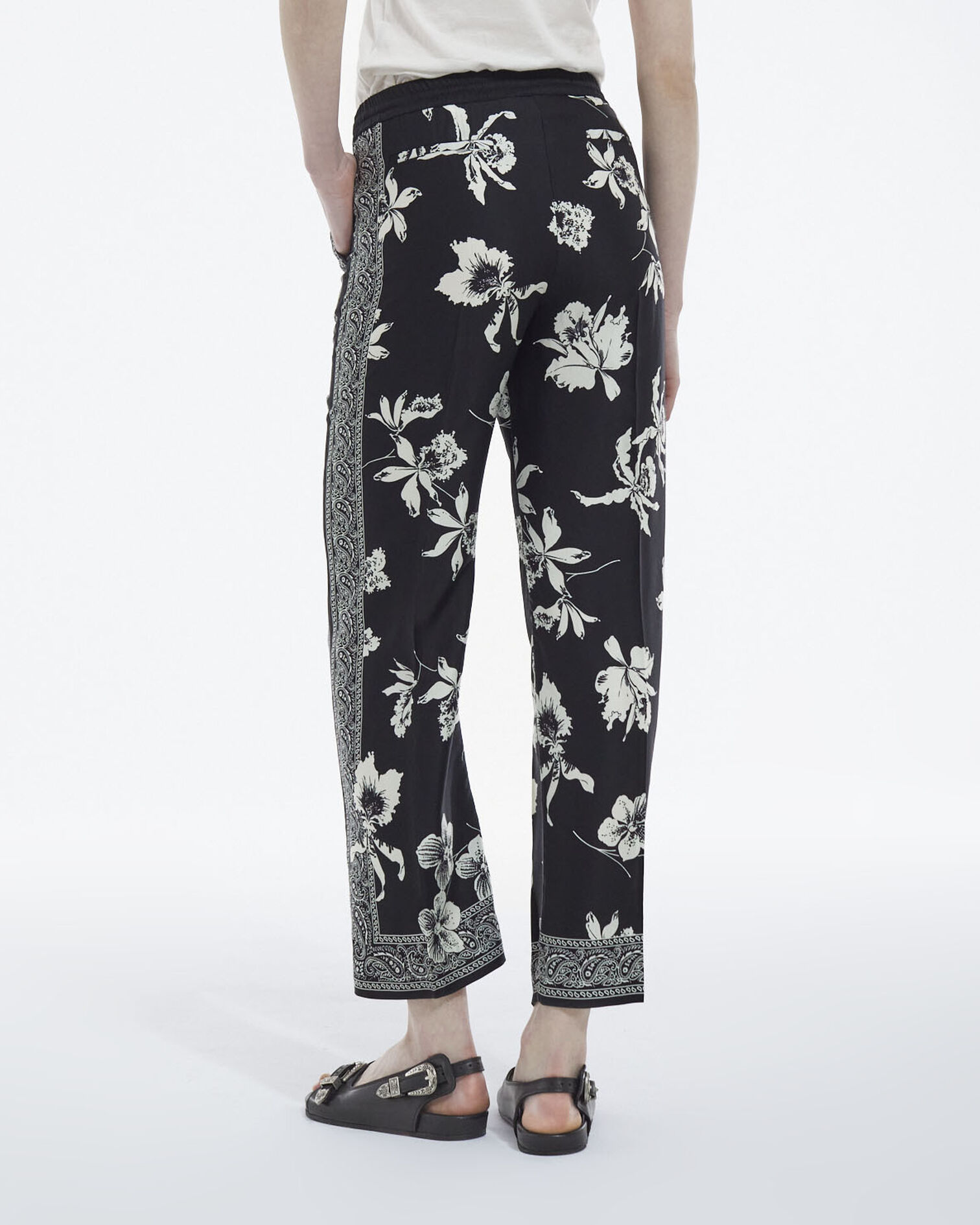 Flowing black - white pants with scarf motif, BLACK WHITE, hi-res image number null