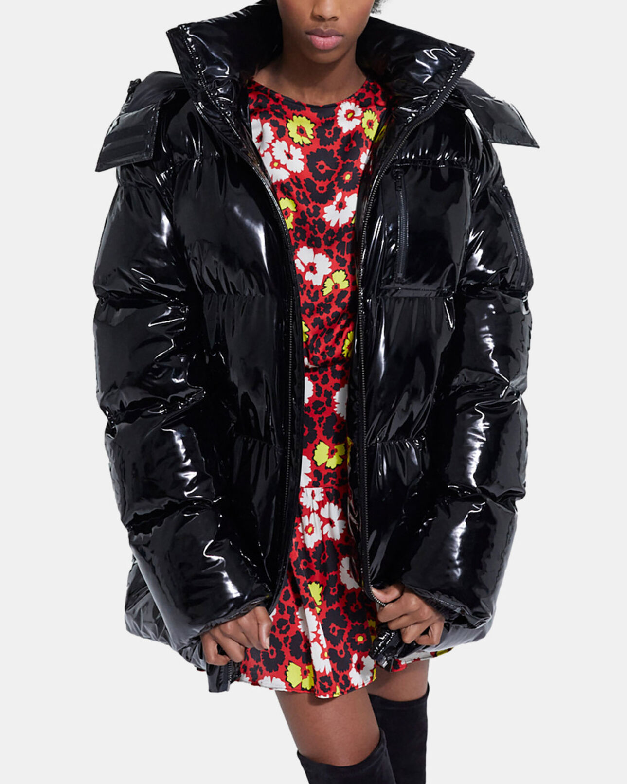 The Kooples WOMEN BLACK black oversized vinyl down jacket with straps and logo
