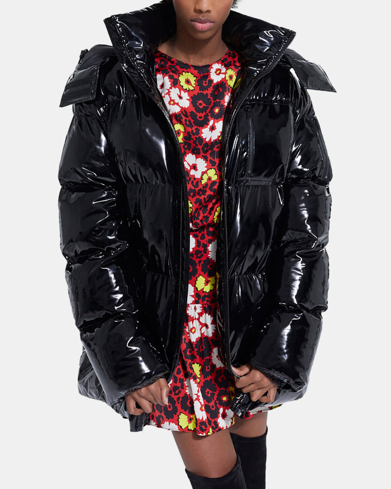 Black oversized vinyl down jacket with straps and logo, BLACK, hi-res image number null