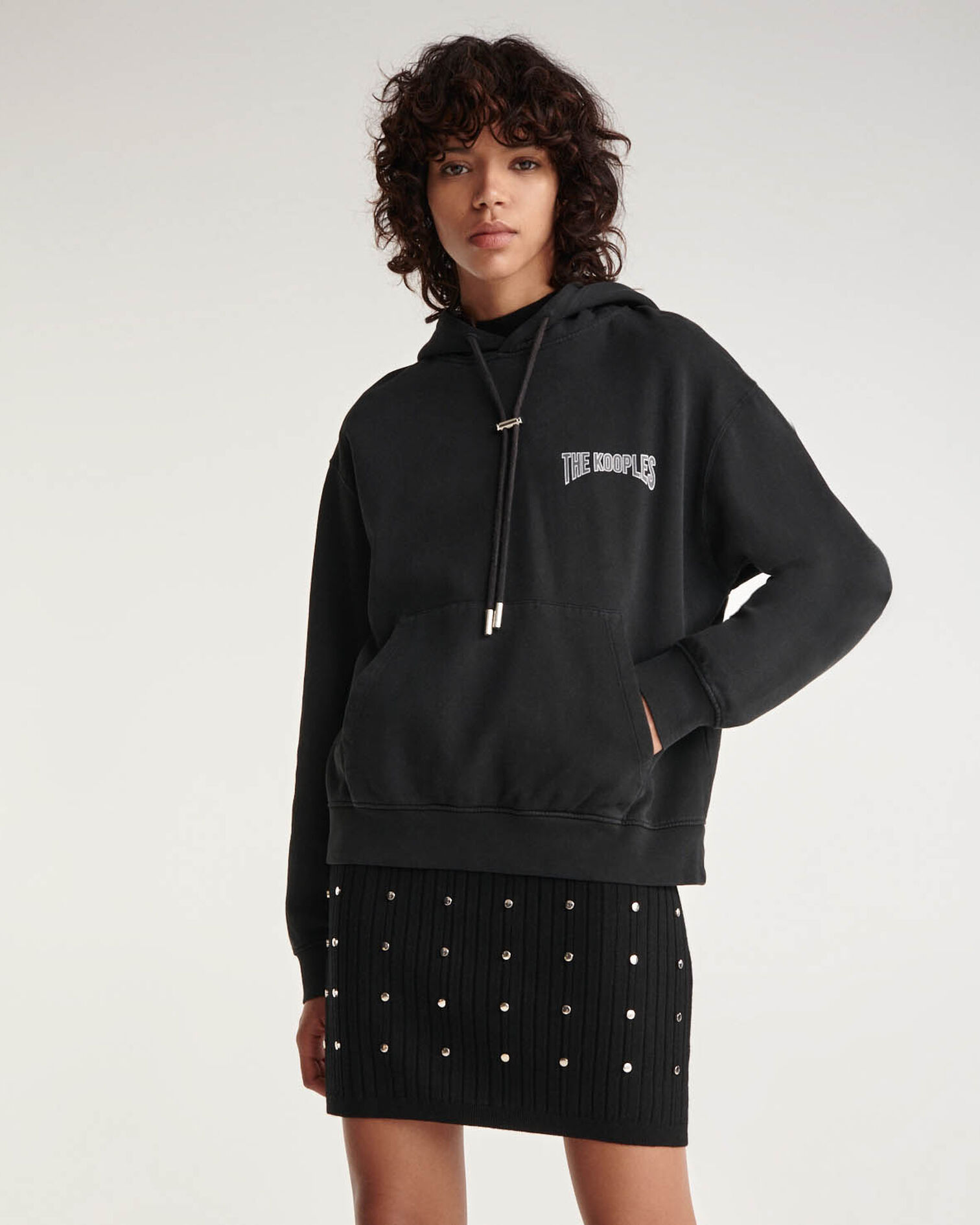 Printed faded black sweatshirt with hood, BLACK WASHED, hi-res image number null