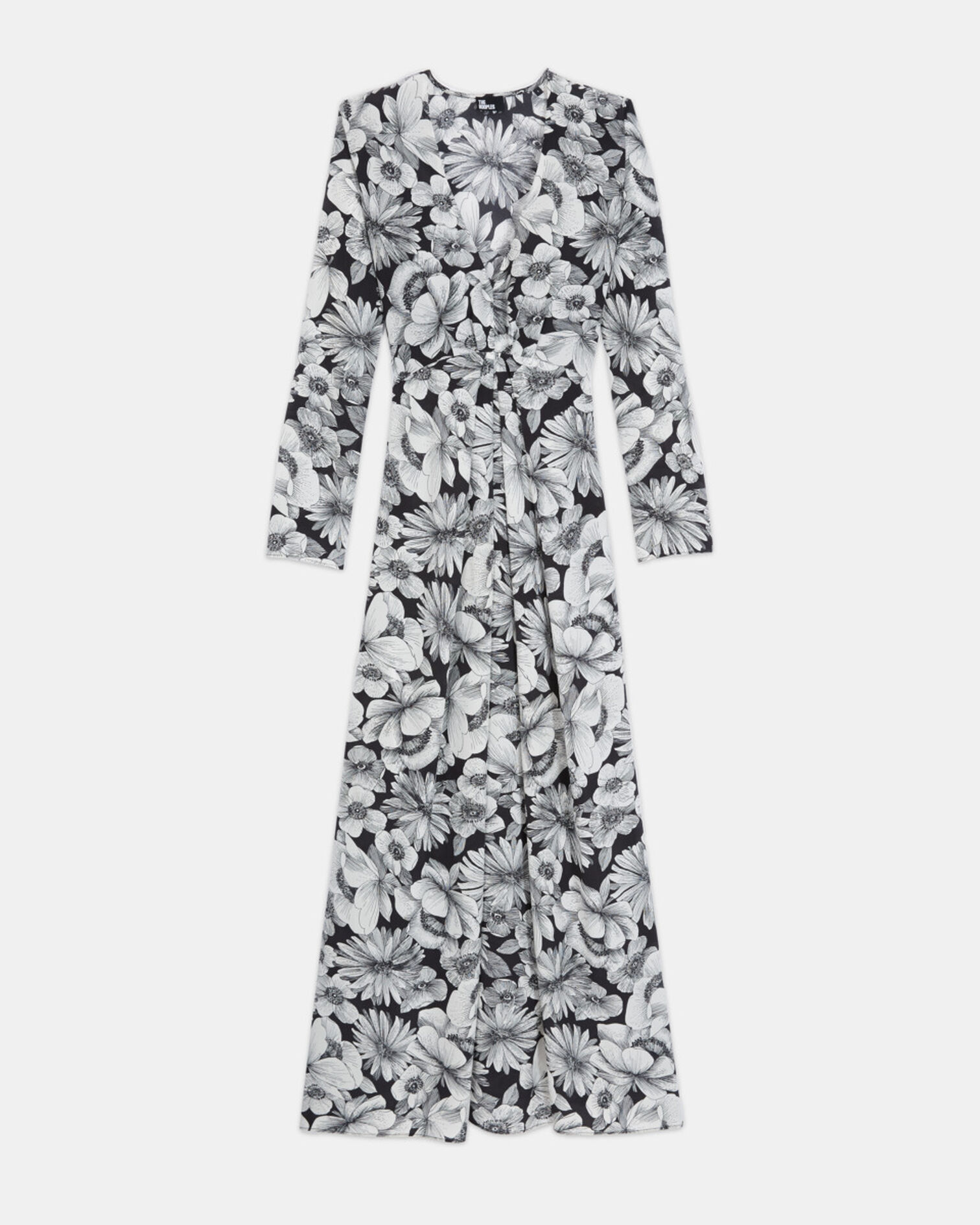 Long floral silk dress, BLACK WHITE, hi-res image number null