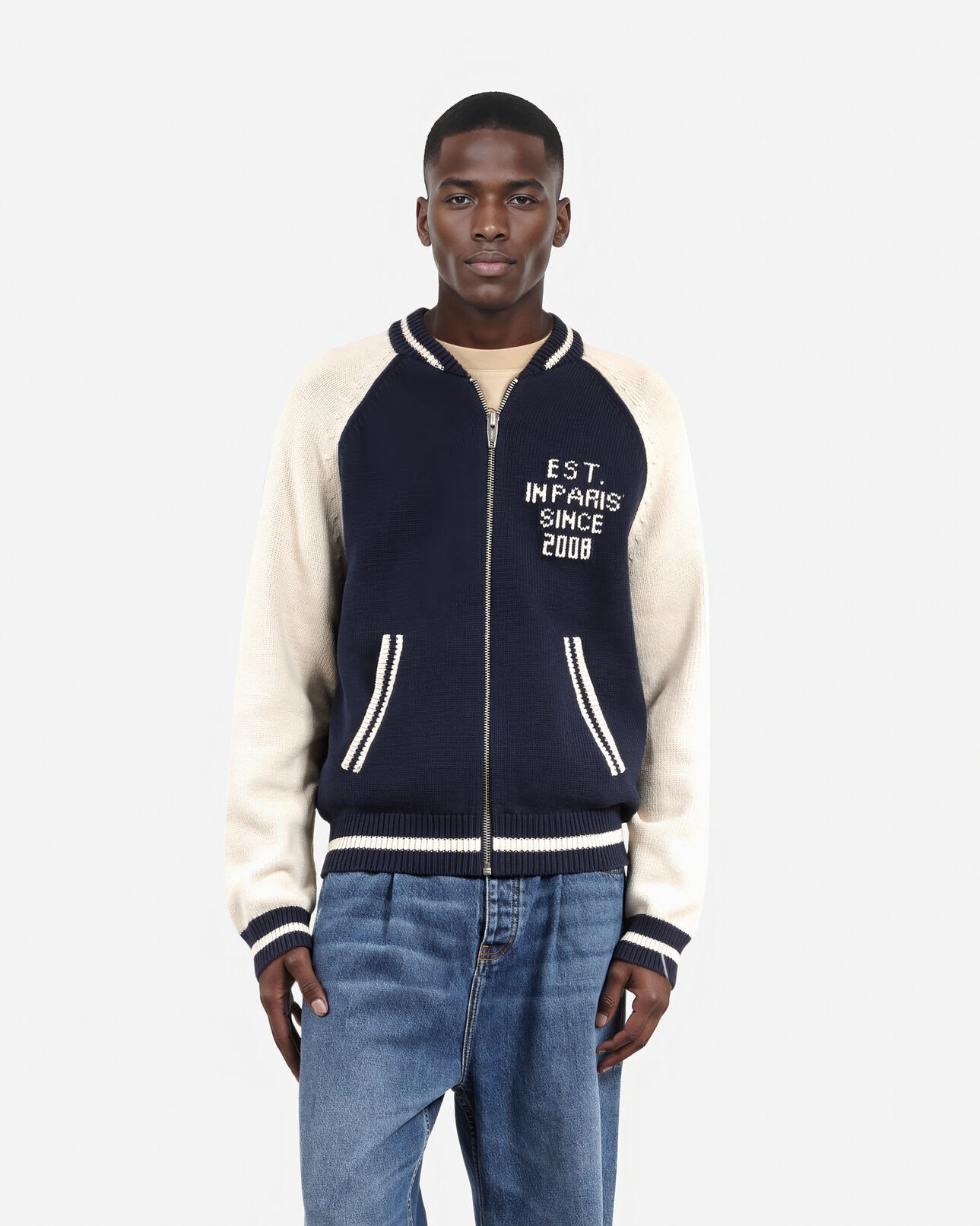 The Kooples MEN DARK NAVY-ECRU navy and ecru teddy cardigan