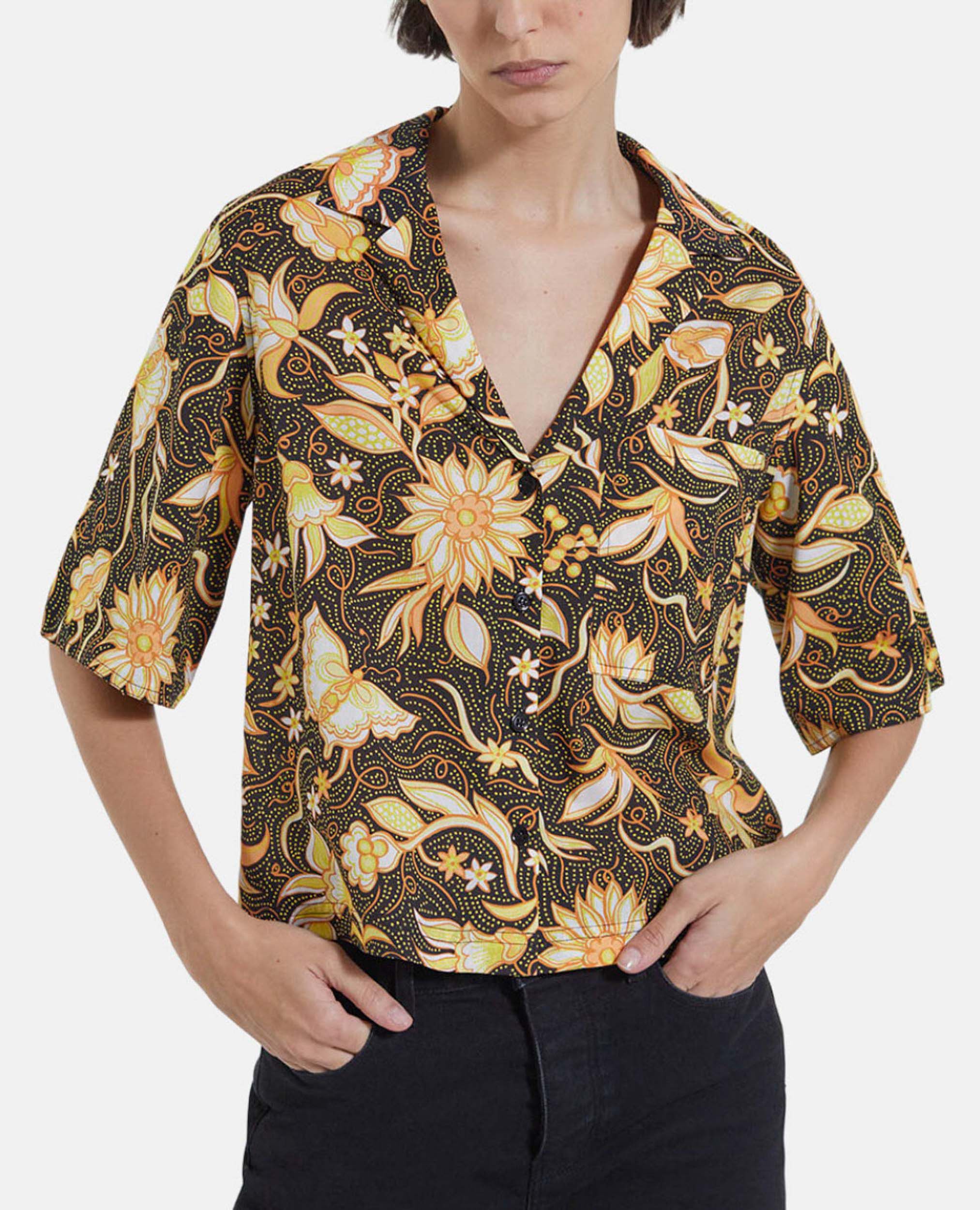 Short-sleeve black cotton shirt with print, BLACK, hi-res image number null