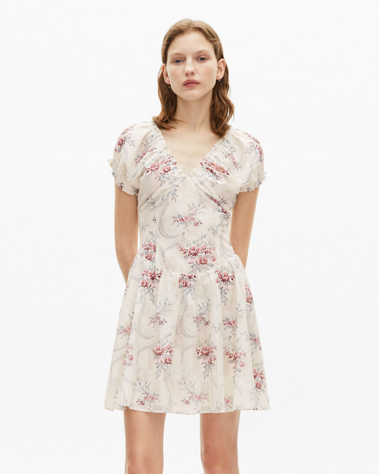 The Kooples DAMEN OFF WHITE / PINK kurzes weißes kleid mit blumenmuster